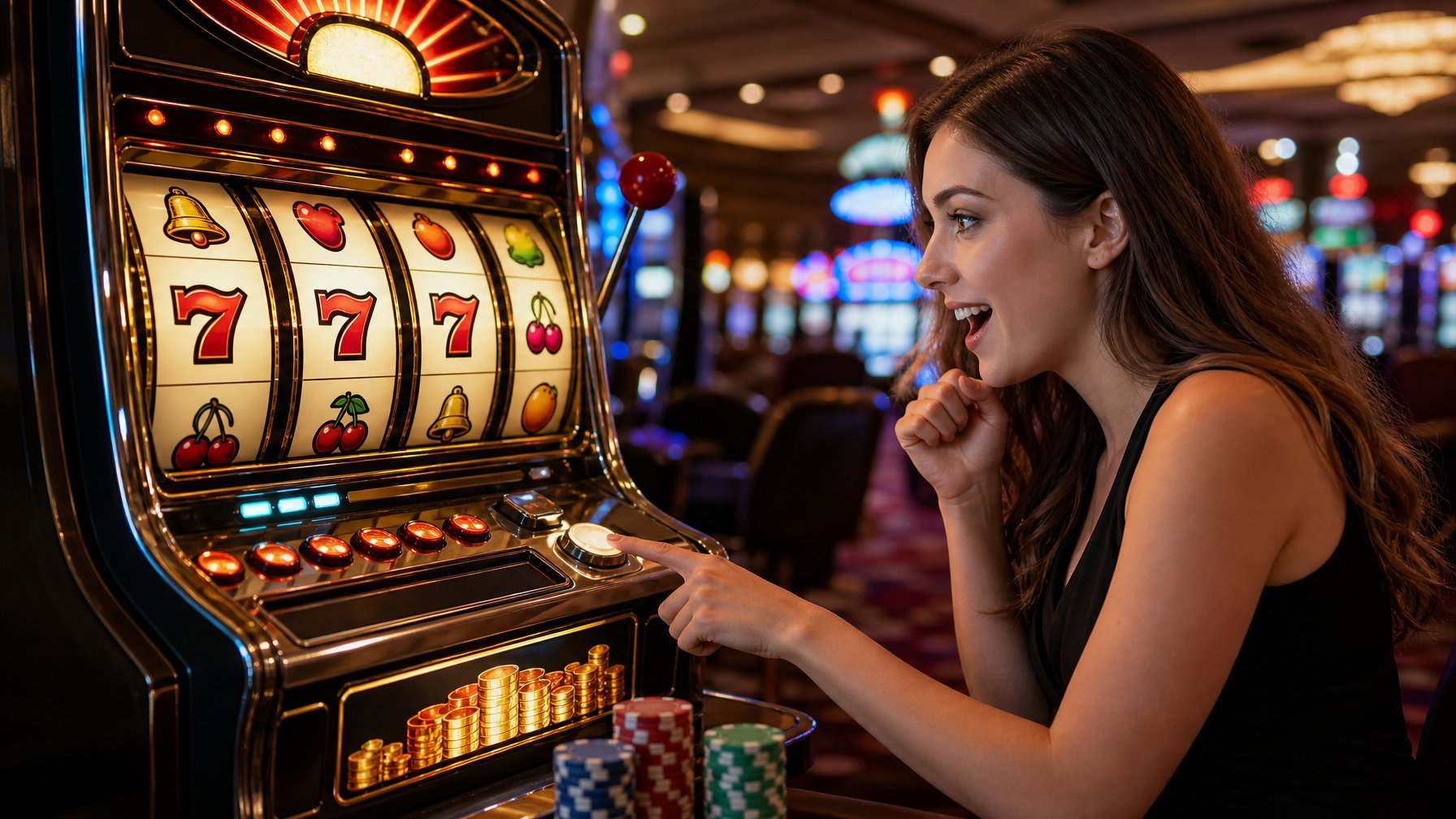 Seorang pemain muda duduk di depan mesin slot dengan simbol retro, terlihat bersemangat dan berharap menang jackpot di kasino.