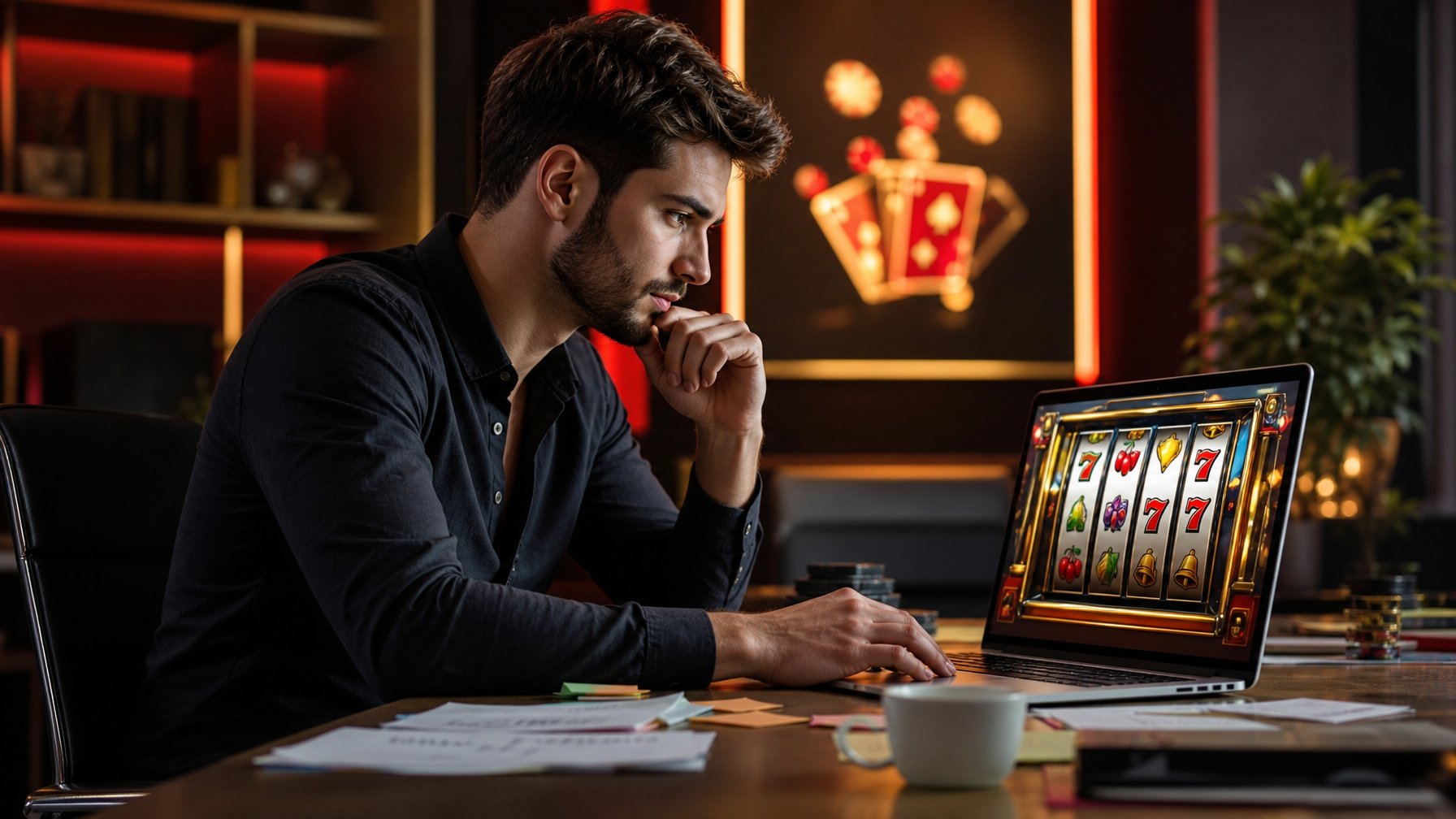 Seorang pria muda duduk di depan laptop dengan tampilan mesin slot retro di layar, di sebuah ruang kerja rumah yang modern dan nyaman.