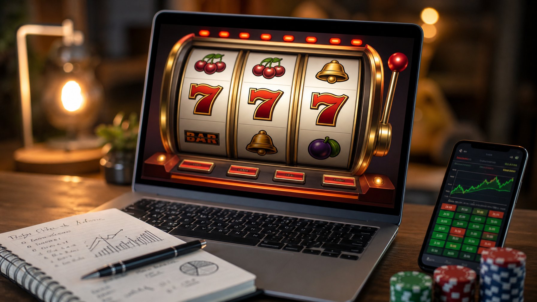 Seorang pemain sedang menggunakan komputer dengan tampilan permainan slot retro reels dan alat tulis di meja untuk mencatat strategi bermain.