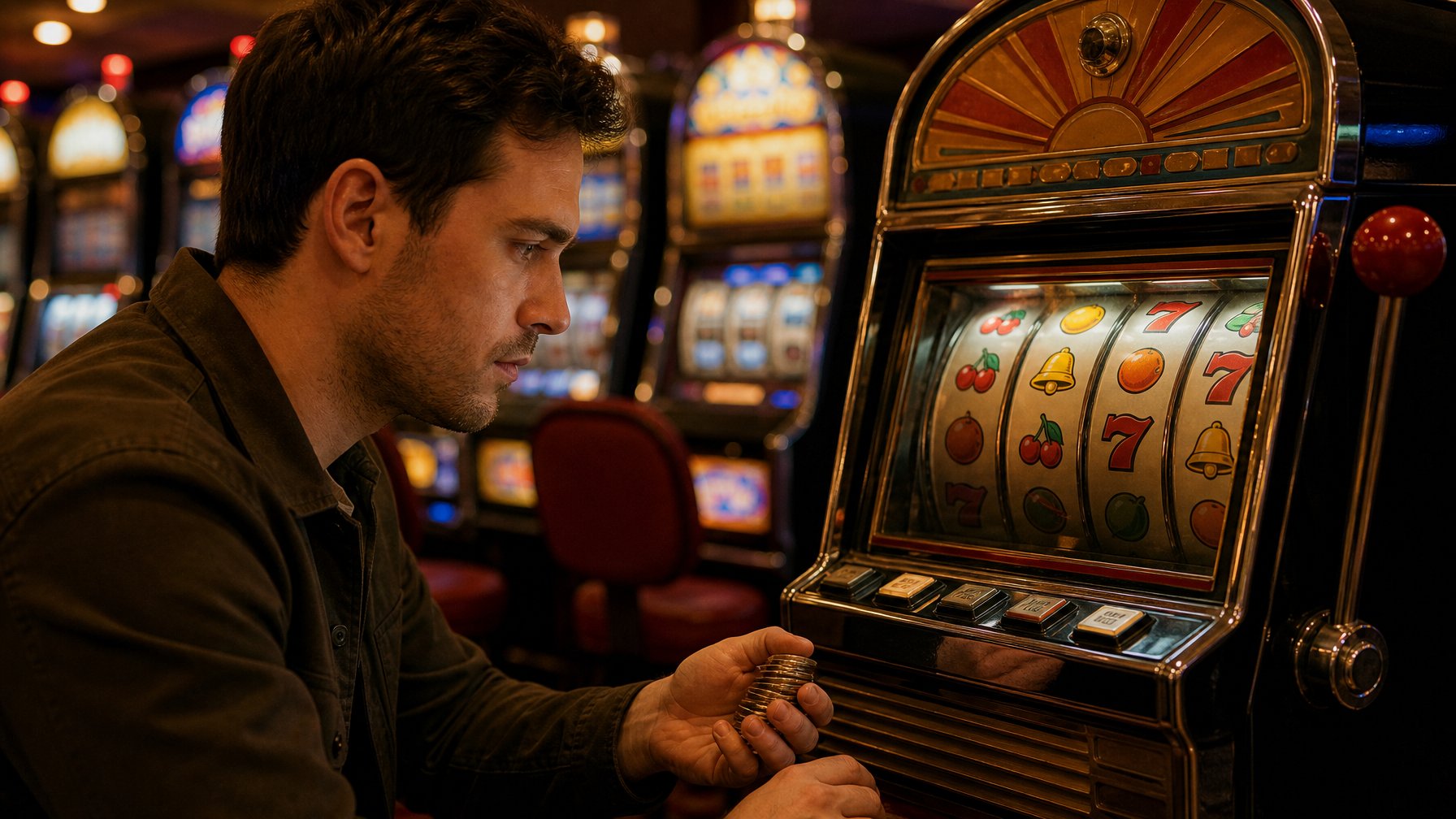 Seseorang sedang bermain mesin slot retro sambil mengatur modal kecil dengan fokus di kasino.