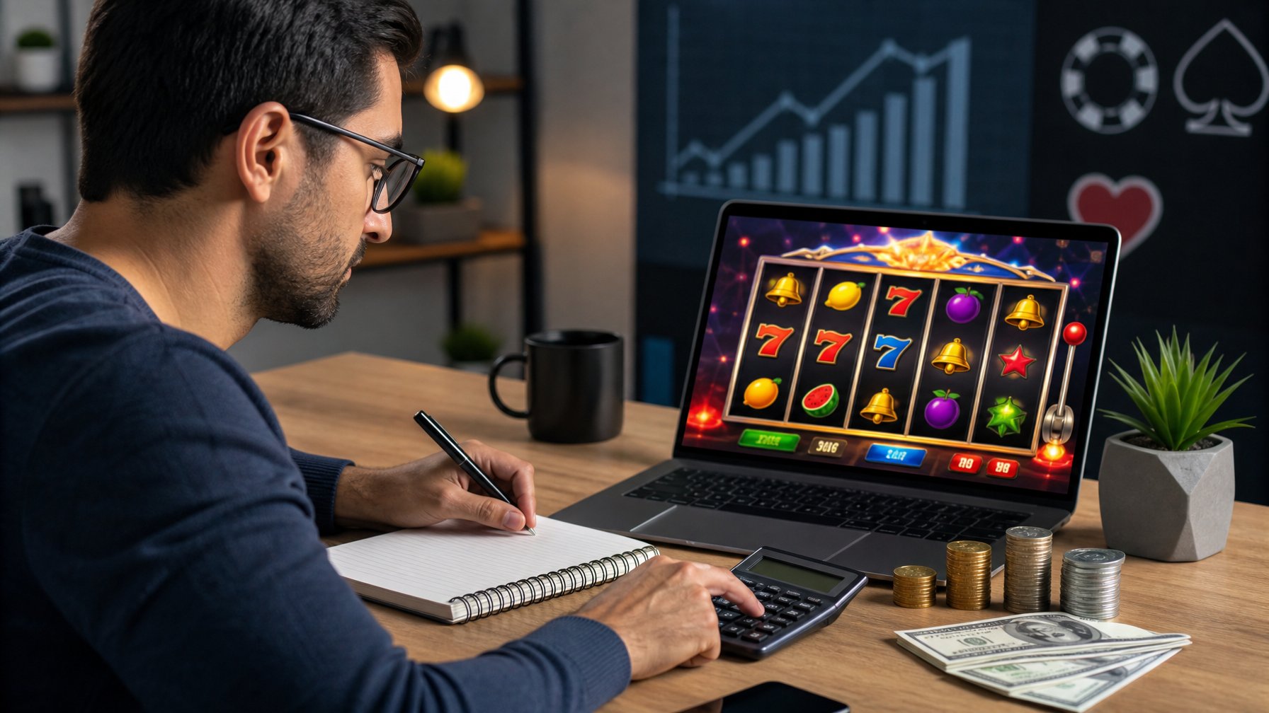 Seorang pemain dewasa sedang mengatur modal kecil dengan laptop yang menampilkan permainan slot retro di meja kerja.