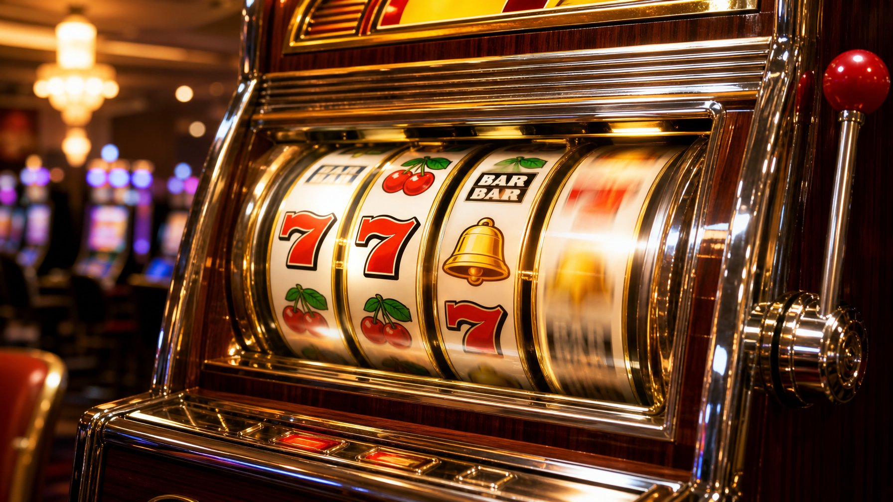 Mesin slot retro dengan gulungan warna-warni sedang berputar di dalam kasino yang hangat dan terang.