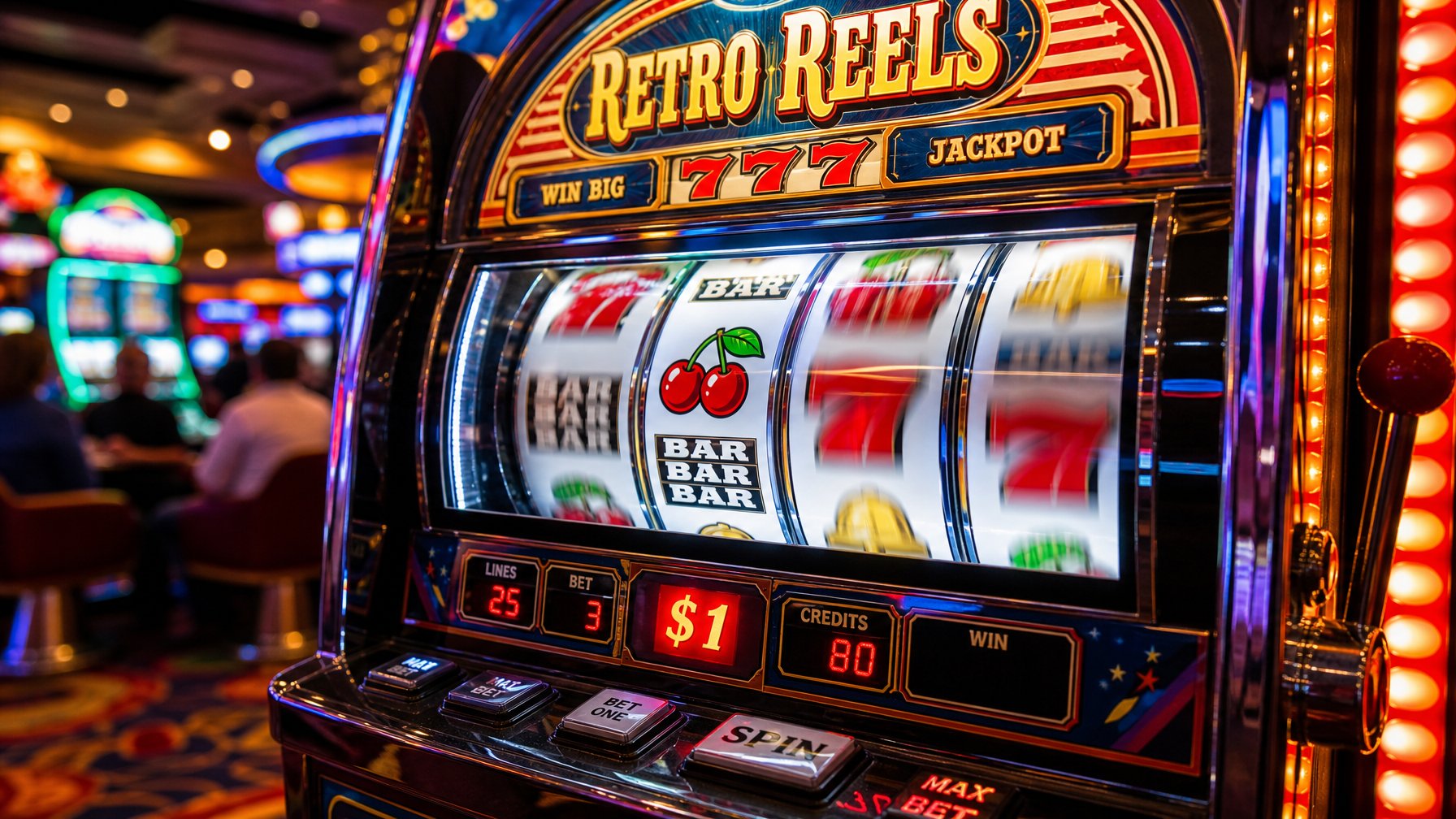 Mesin slot Retro Reels yang berwarna-warni dengan simbol klasik di dalam kasino yang ramai.