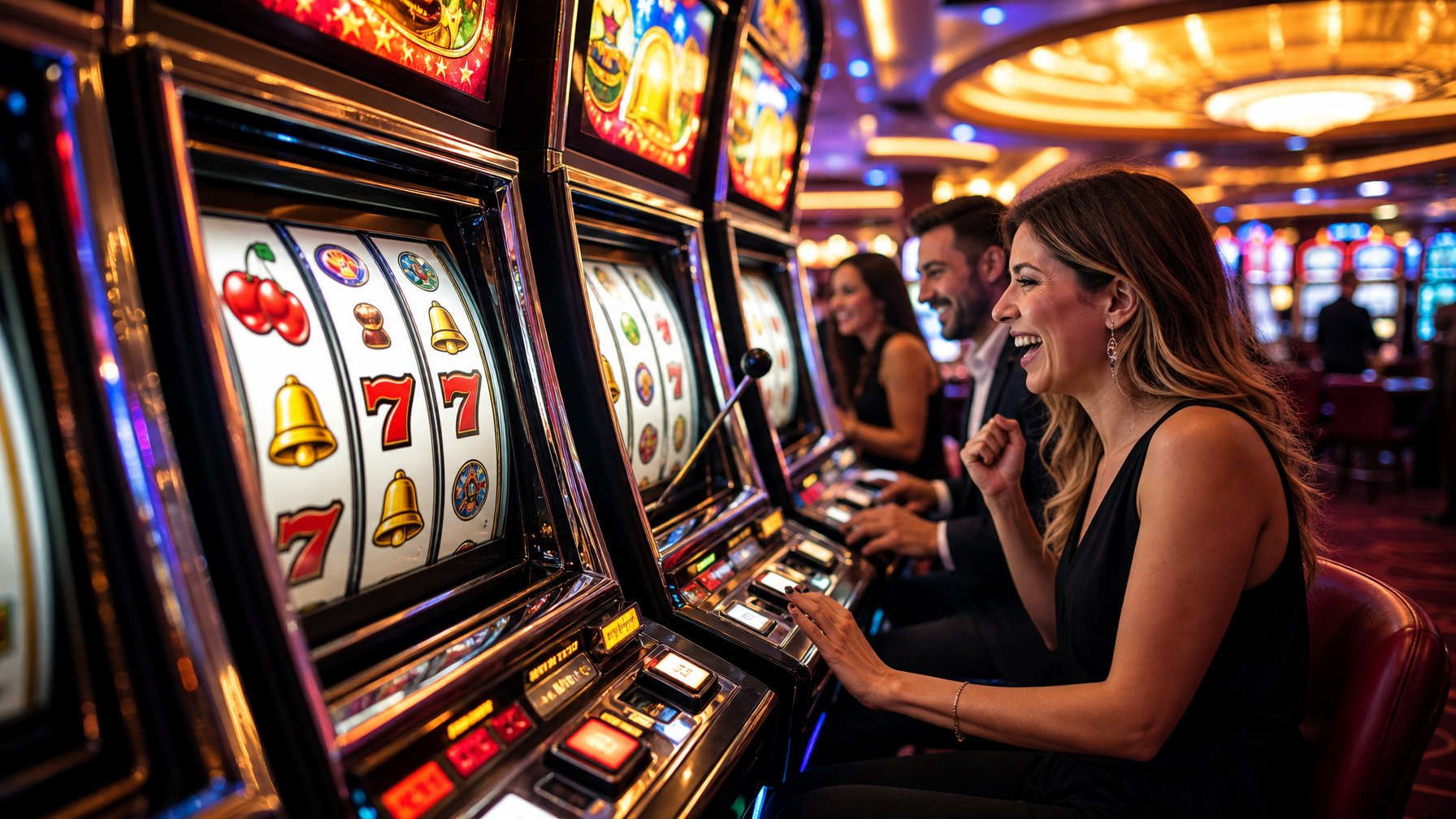 Suasana kasino dengan mesin slot bergaya retro yang menyala dan beberapa pemain sedang bermain dengan ekspresi antusias.