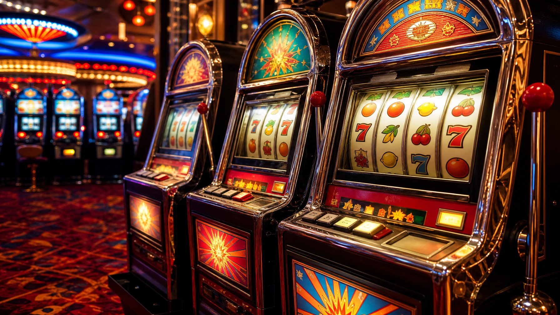 Beberapa mesin slot retro berwarna-warni dengan reel yang berputar di lantai kasino yang ramai dan terang.