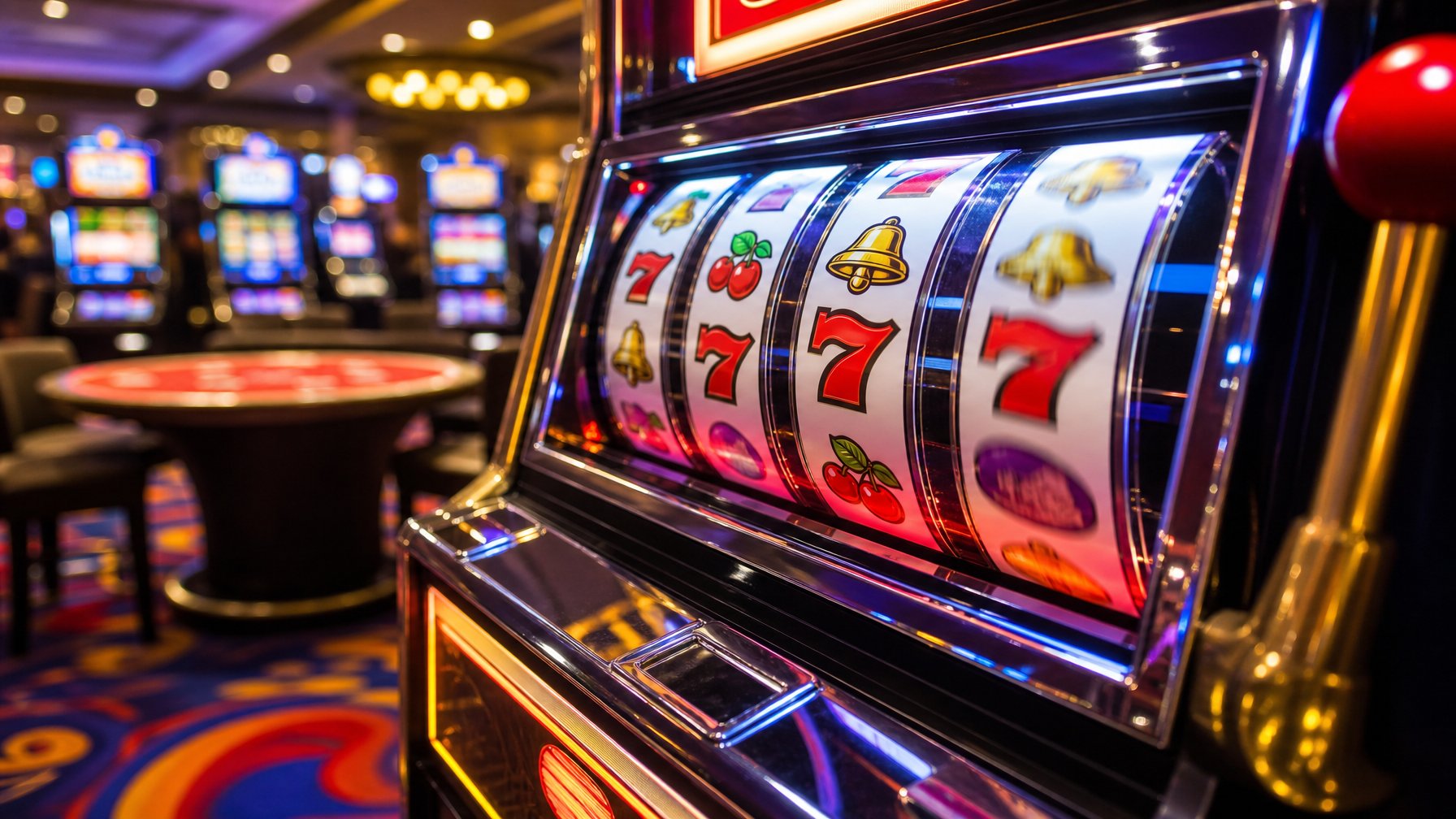 Mesin slot dengan gulungan bergaya retro menyala di dalam kasino yang ramai.