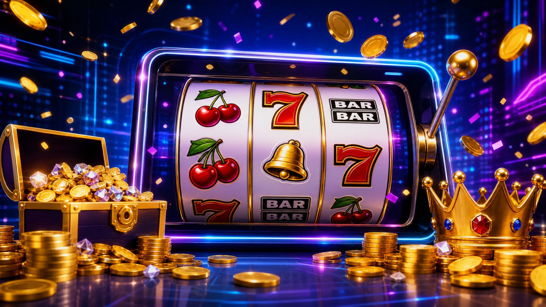 Adegan mesin slot online dengan gulungan berwarna-warni dan simbol klasik, dikelilingi koin emas dan dekorasi perayaan, menampilkan suasana kasino digital yang menarik.