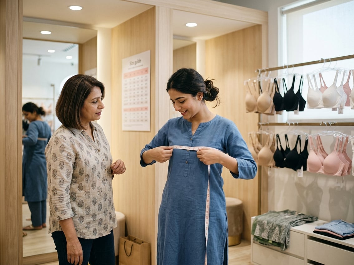 A group of South Asian women in a fitting room measuring bust sizes with measuring tapes surrounded by bras and clothing racks.