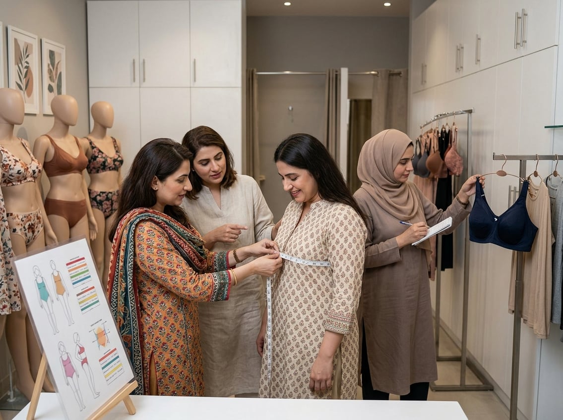 A group of South Asian women measuring and discussing body sizes in a fitting room with mannequins dressed in lingerie.