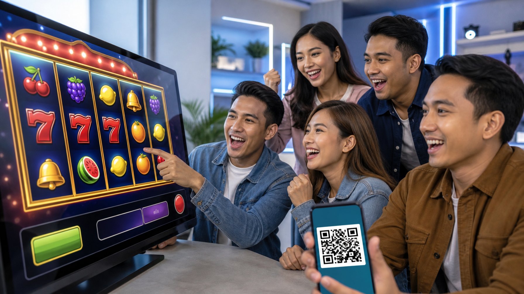 Sekelompok orang muda yang senang bermain permainan slot retro di layar sentuh dengan ponsel menampilkan kode QR untuk pembayaran.