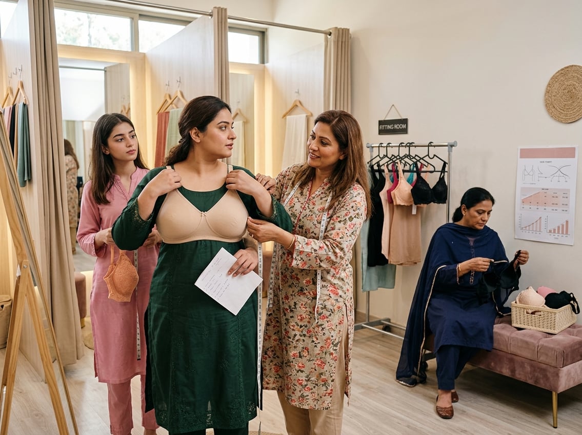 A group of South Asian women in a fitting room trying on bras and discussing fit, surrounded by measuring tapes and size charts.