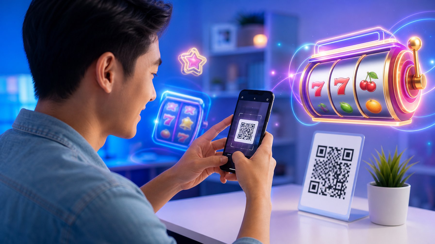 Seorang dewasa muda menggunakan ponsel untuk melakukan pembayaran dengan kode QR di lingkungan digital yang modern dan cerah, dengan ikon mesin slot retro di latar belakang.