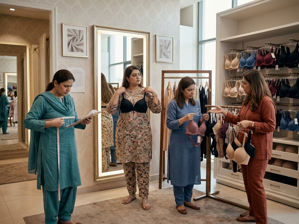A group of Pakistani women with varied body types in a fitting room examining bras and measuring tapes, looking thoughtful about sizing and fit.