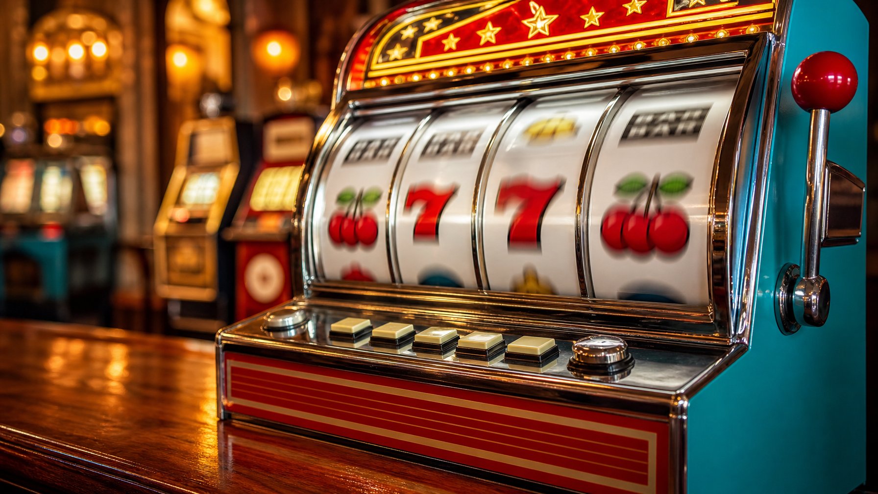 Mesin slot retro berwarna cerah dengan gulungan klasik di dalam lingkungan kasino yang terang dan hangat.
