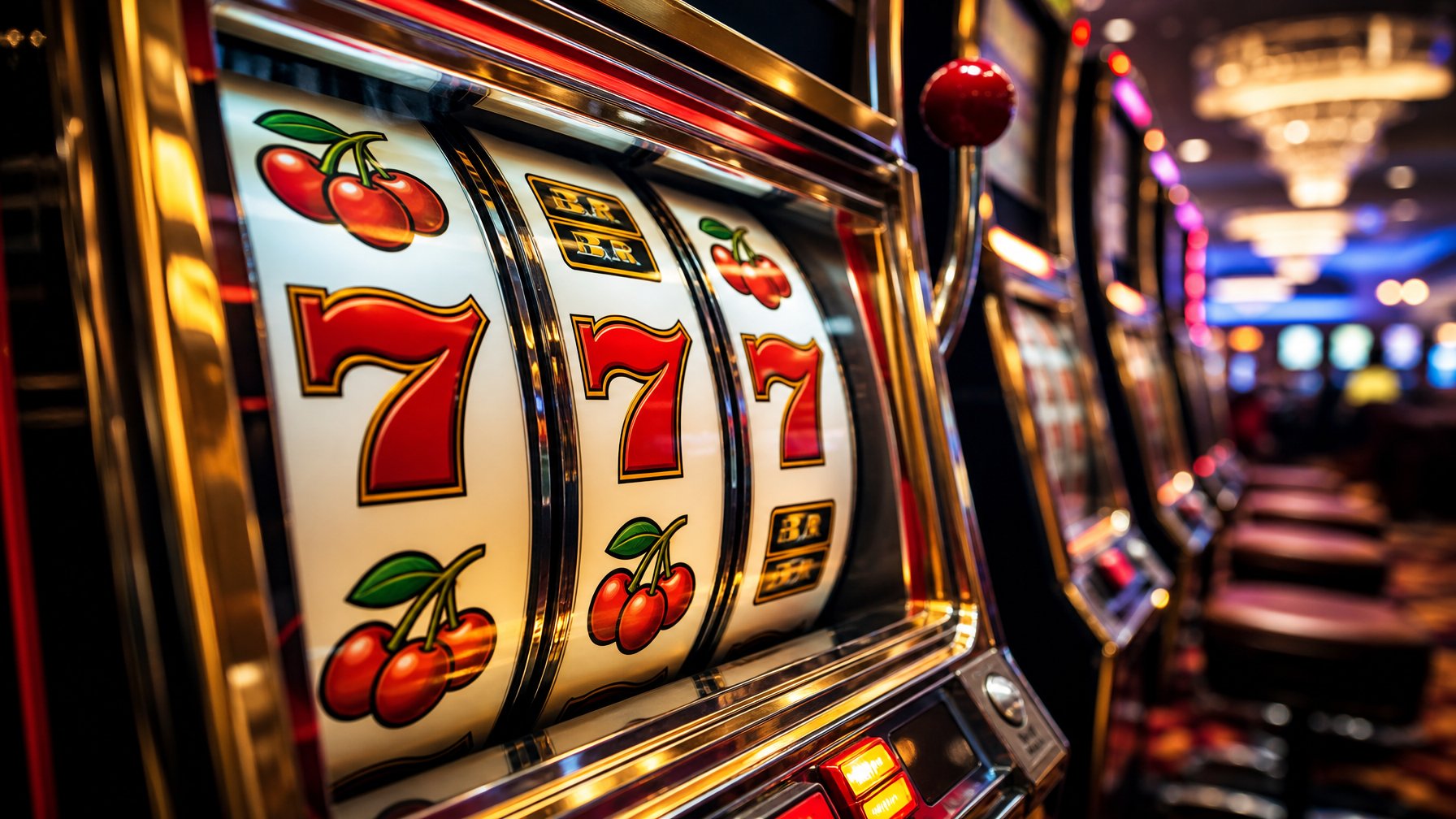 Mesin slot retro dengan gulungan berwarna-warni yang berputar di dalam kasino yang terang dan modern.