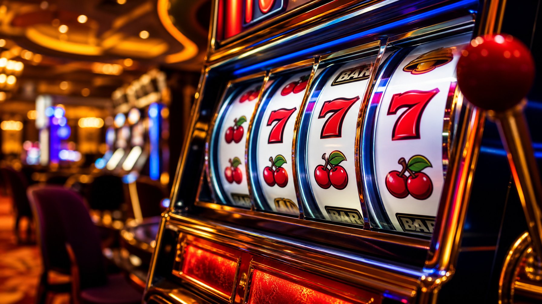 Mesin slot klasik dengan gulungan warna-warni yang sedang berputar di dalam suasana kasino yang hangat dan menarik.