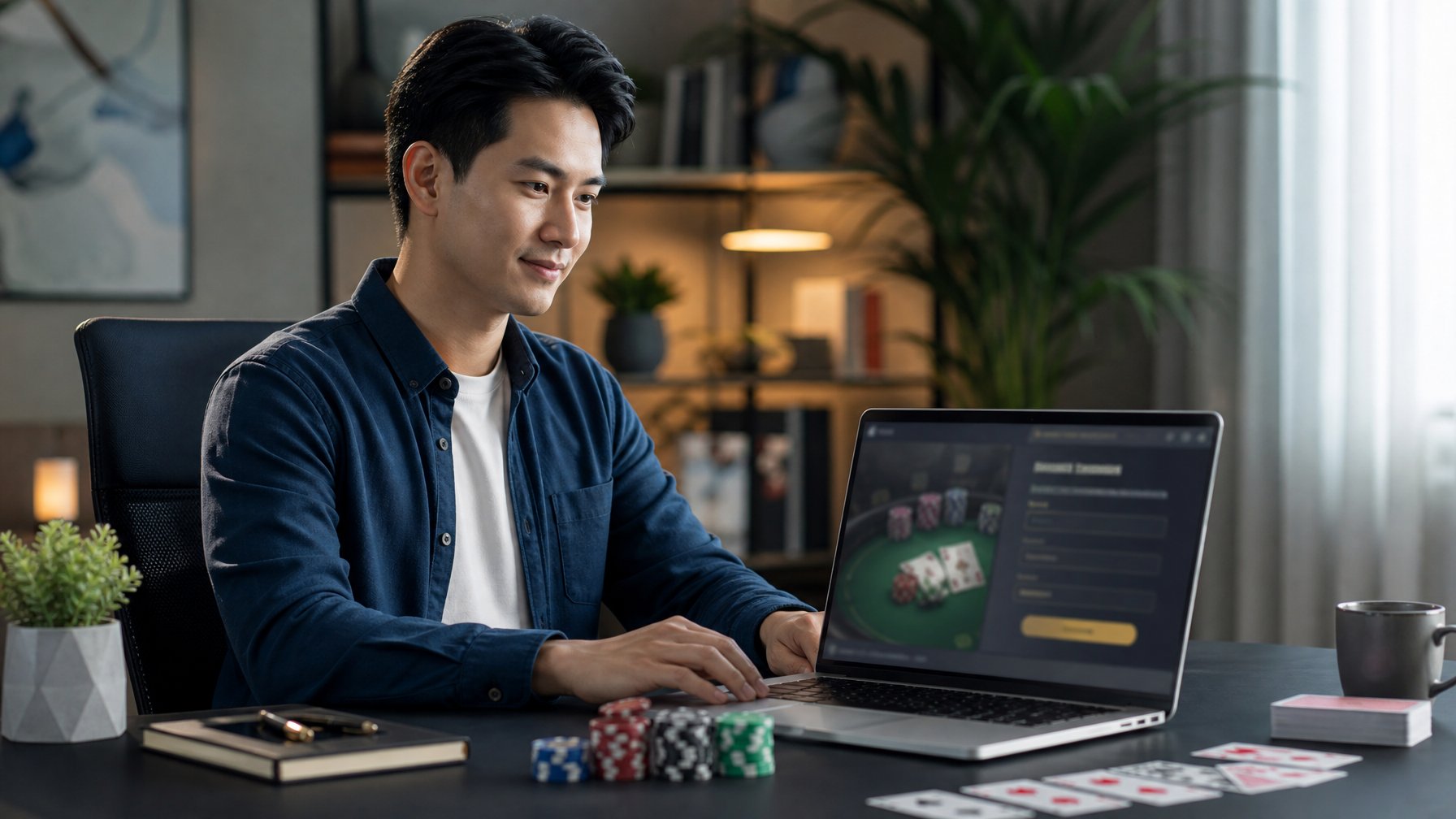 Seorang pria muda Asia sedang duduk di meja modern sambil mendaftar akun di laptop dengan latar belakang ruangan yang rapi dan dekorasi tanaman serta rak buku.