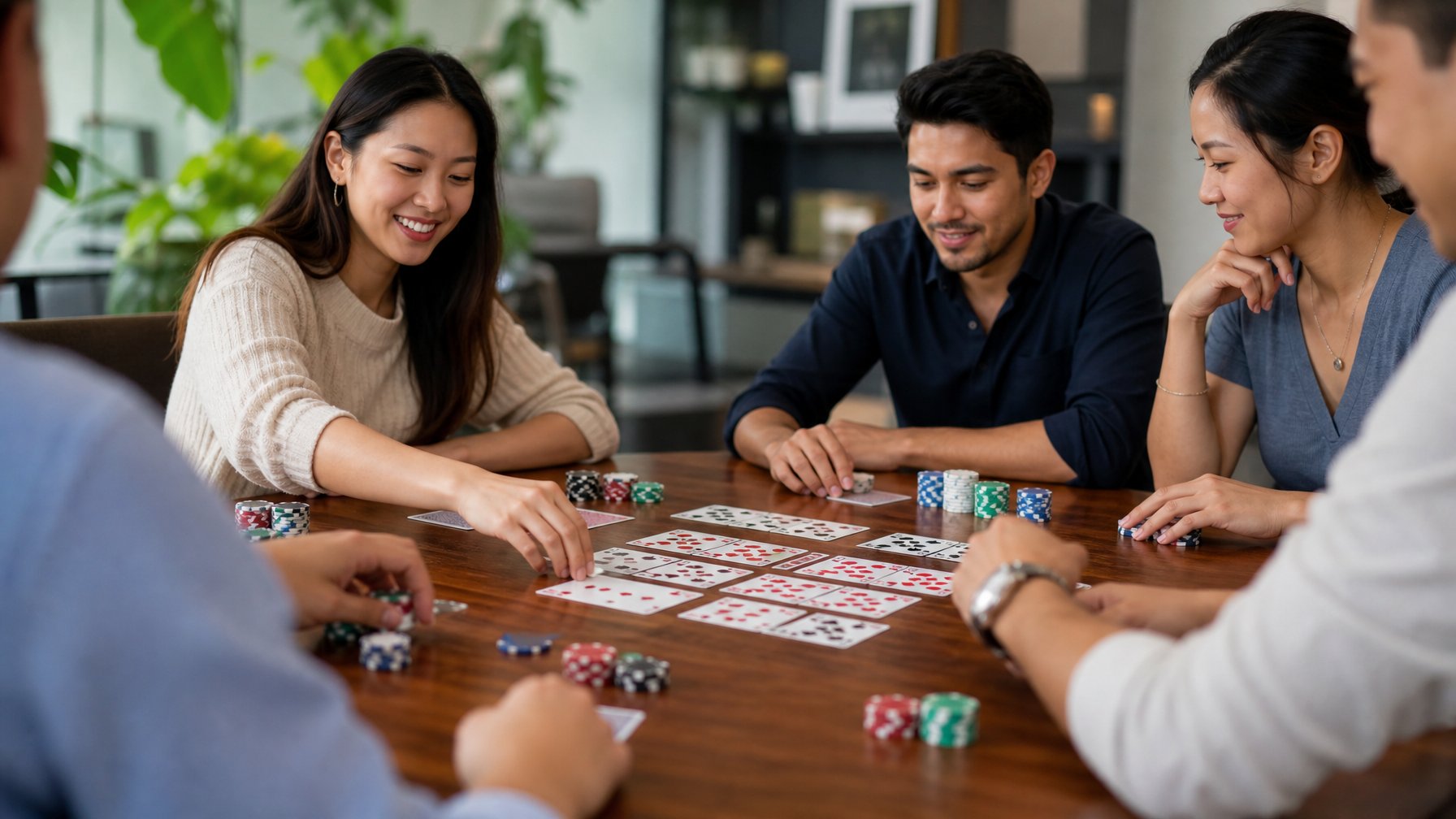 Beberapa orang sedang bermain Bandar Chinese Poker di meja dengan kartu dan chip poker.