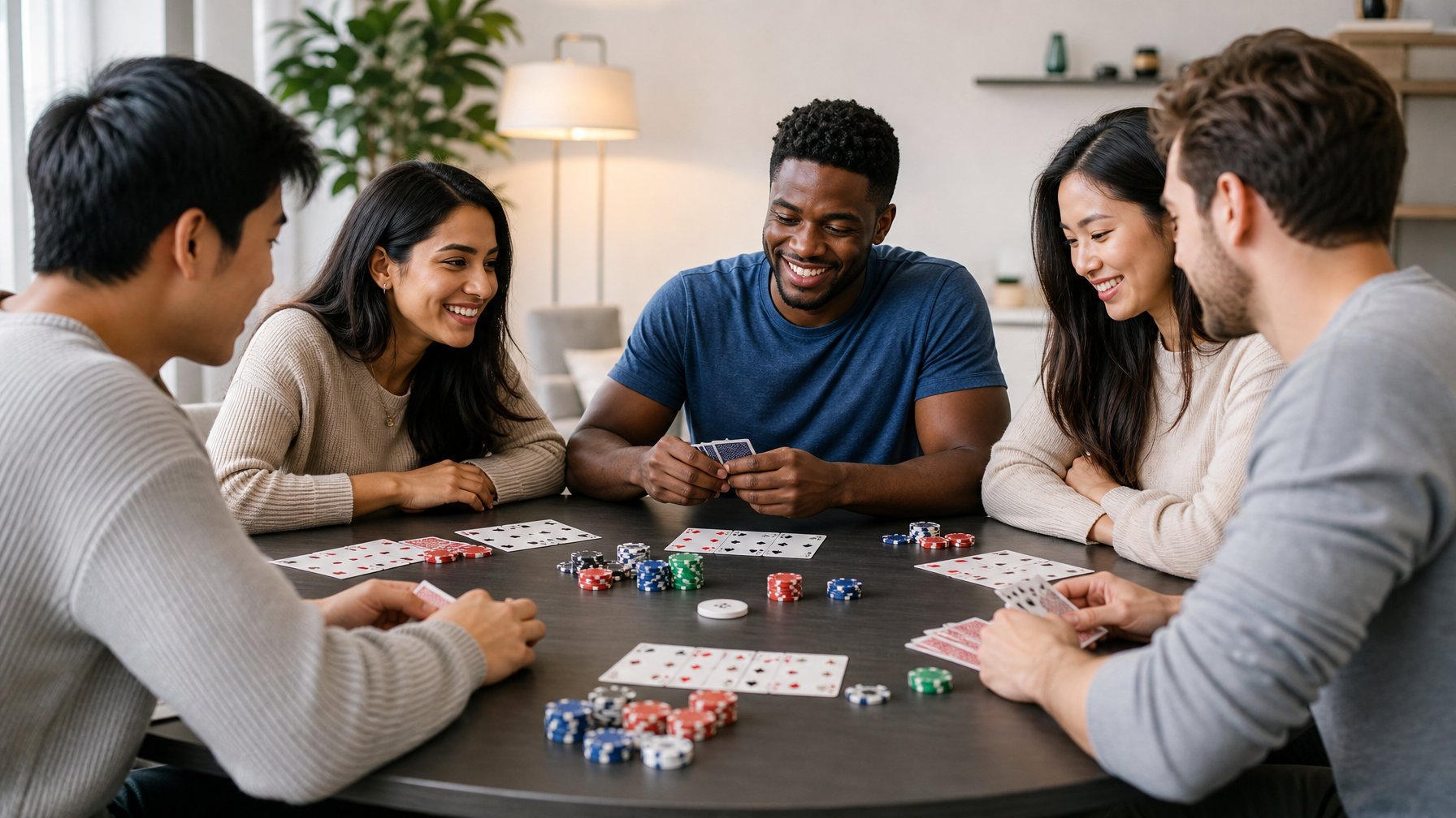 Sekelompok orang muda sedang bermain Bandar Chinese Poker di meja dengan kartu dan chip poker.