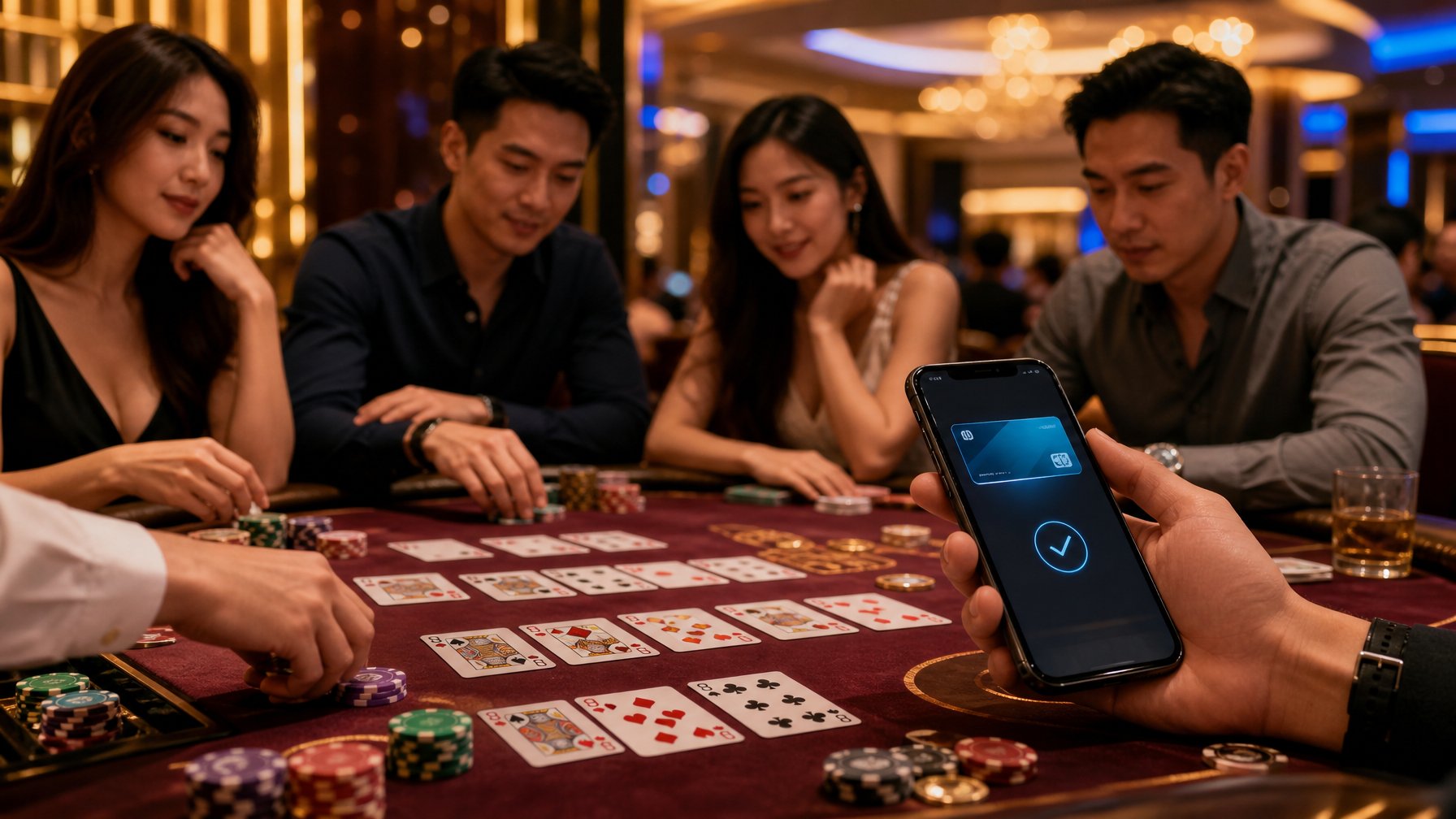 Meja poker Cina dengan kartu dan chip, pemain fokus bermain, dan ponsel menampilkan aplikasi pembayaran digital.