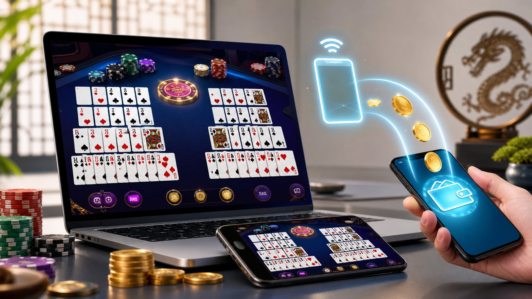 Seseorang menggunakan perangkat digital untuk bermain poker China dengan simbol pembayaran pulsa digital di sekitar layar.