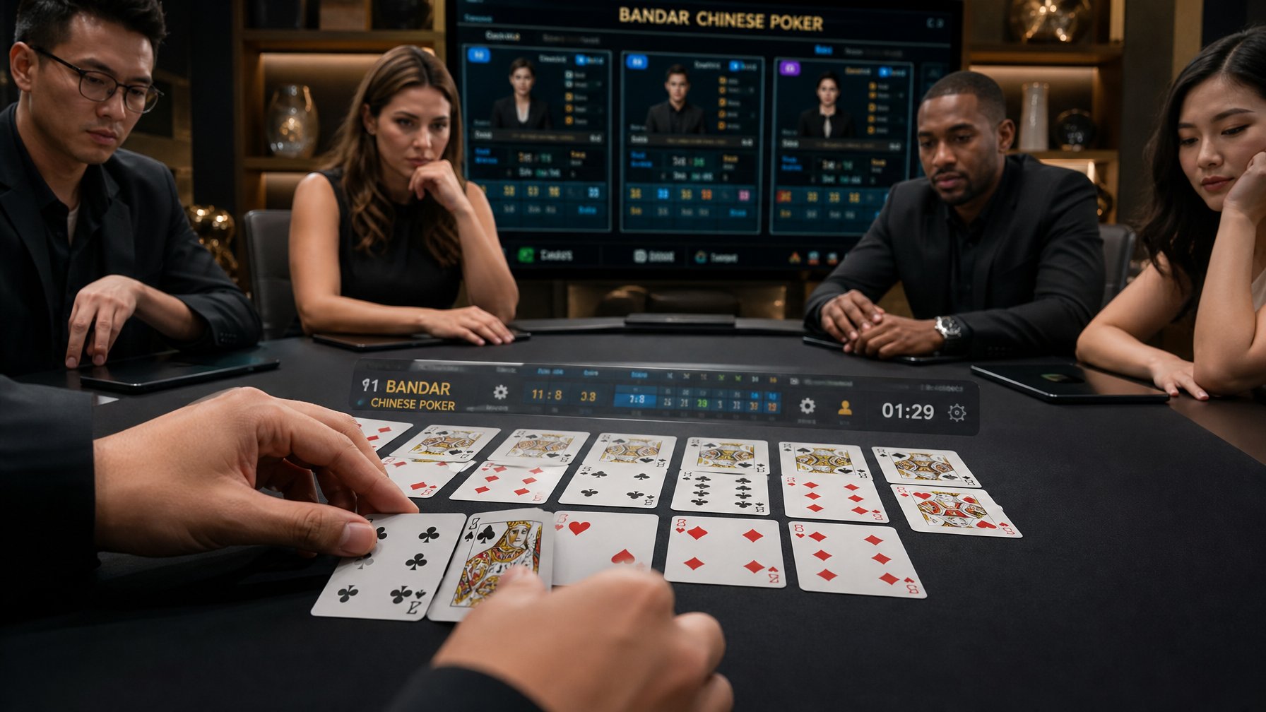 Tangan seseorang sedang menyusun kartu di meja poker dengan beberapa pemain fokus bermain Bandar Chinese Poker Online.