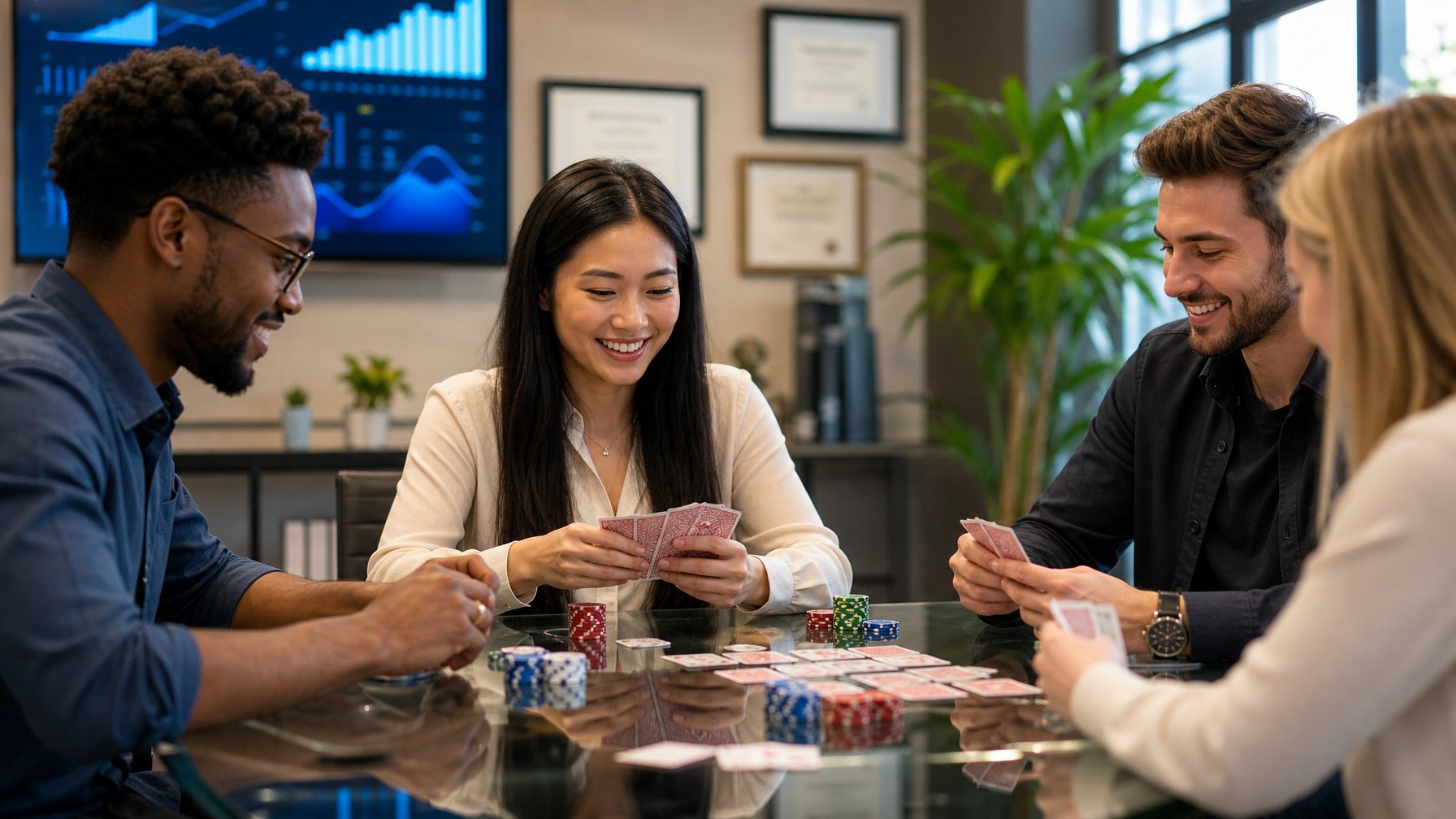 Sekelompok orang muda bermain poker Cina di meja kaca di kantor modern dengan suasana cerah dan profesional.