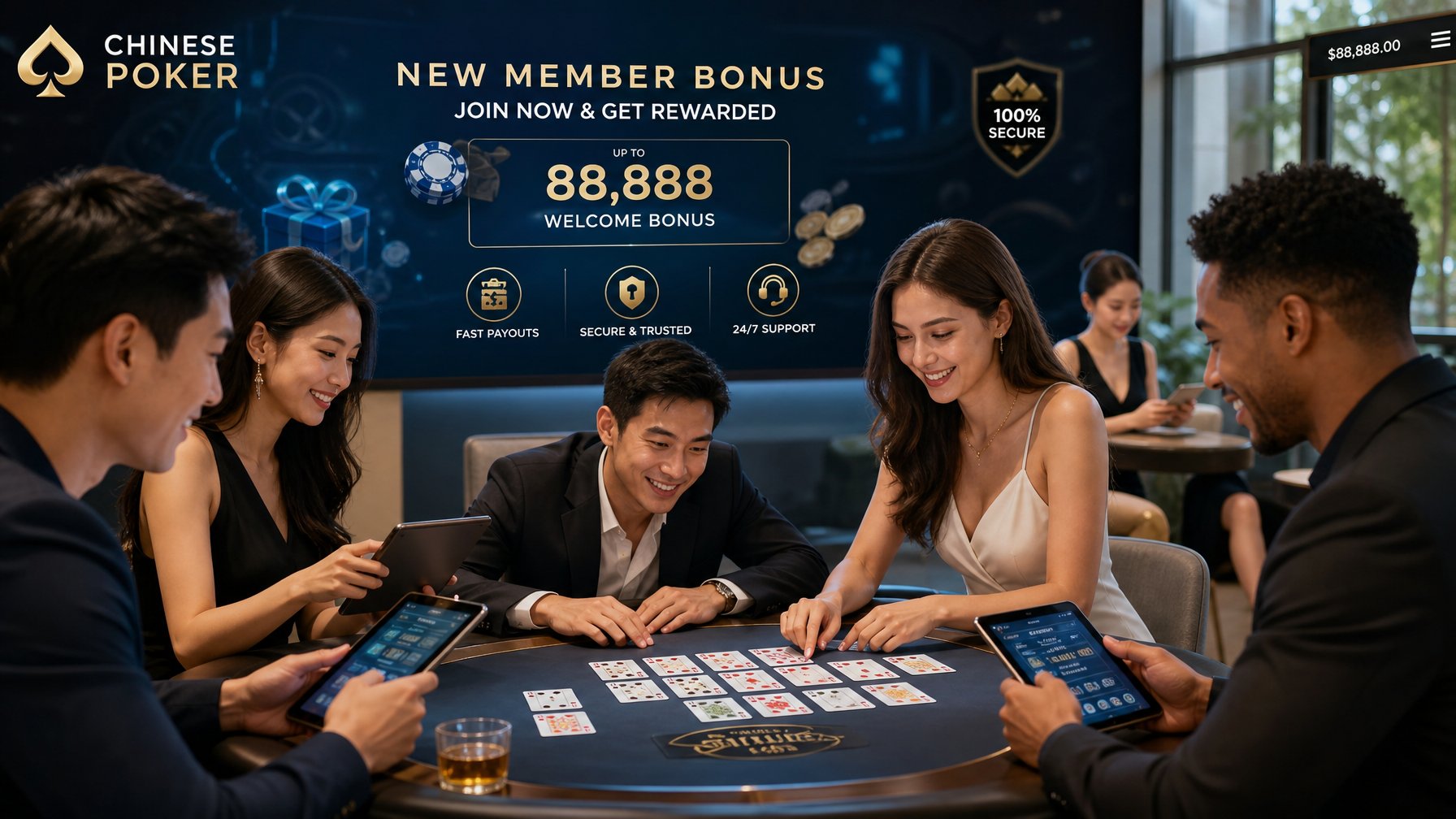 Beberapa orang dewasa bermain kartu Chinese Poker di meja dengan suasana yang cerah dan profesional.