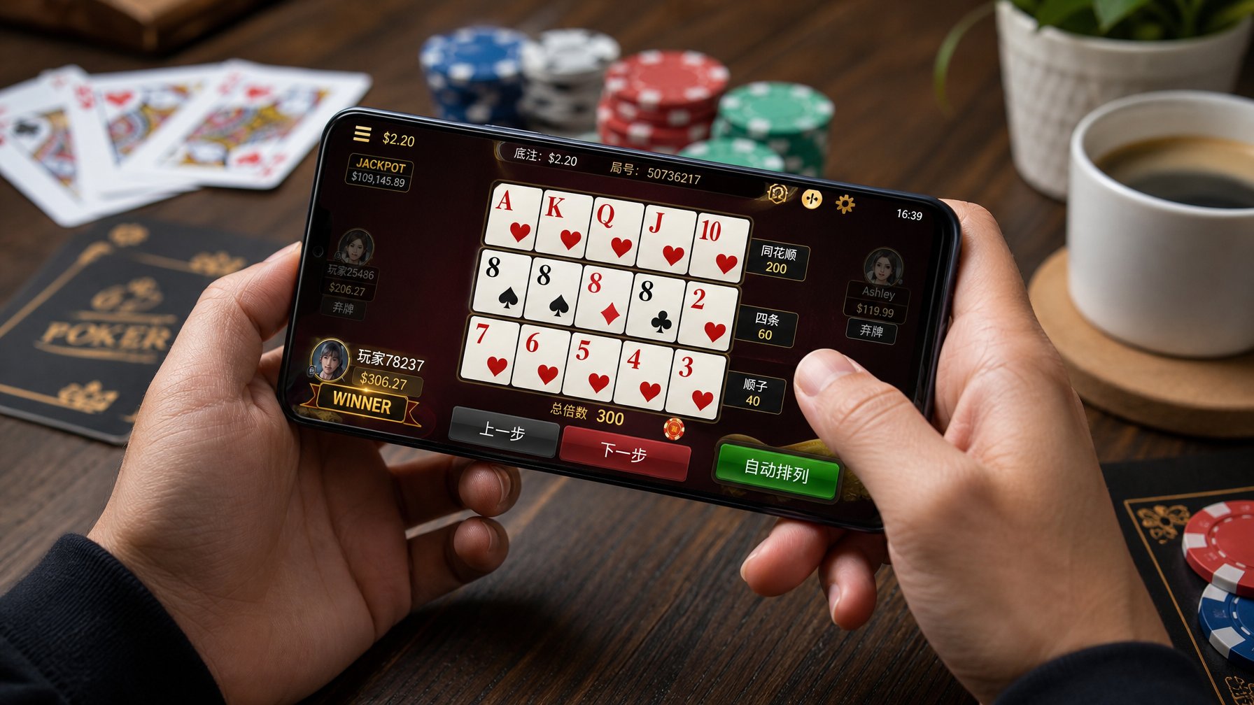 Seseorang memegang ponsel Android yang menampilkan permainan kartu Chinese Poker dengan chip dan kartu di atas meja kayu.