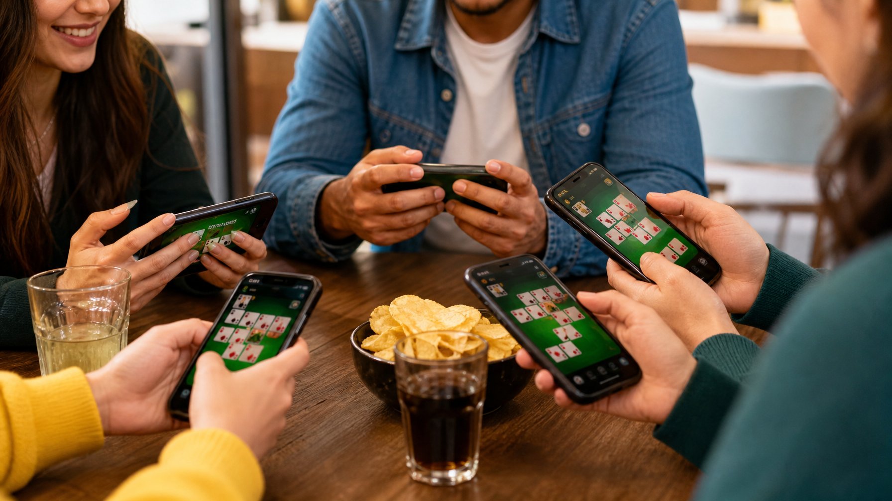 Beberapa orang muda sedang bermain Chinese Poker menggunakan ponsel Android di suasana santai dan nyaman.