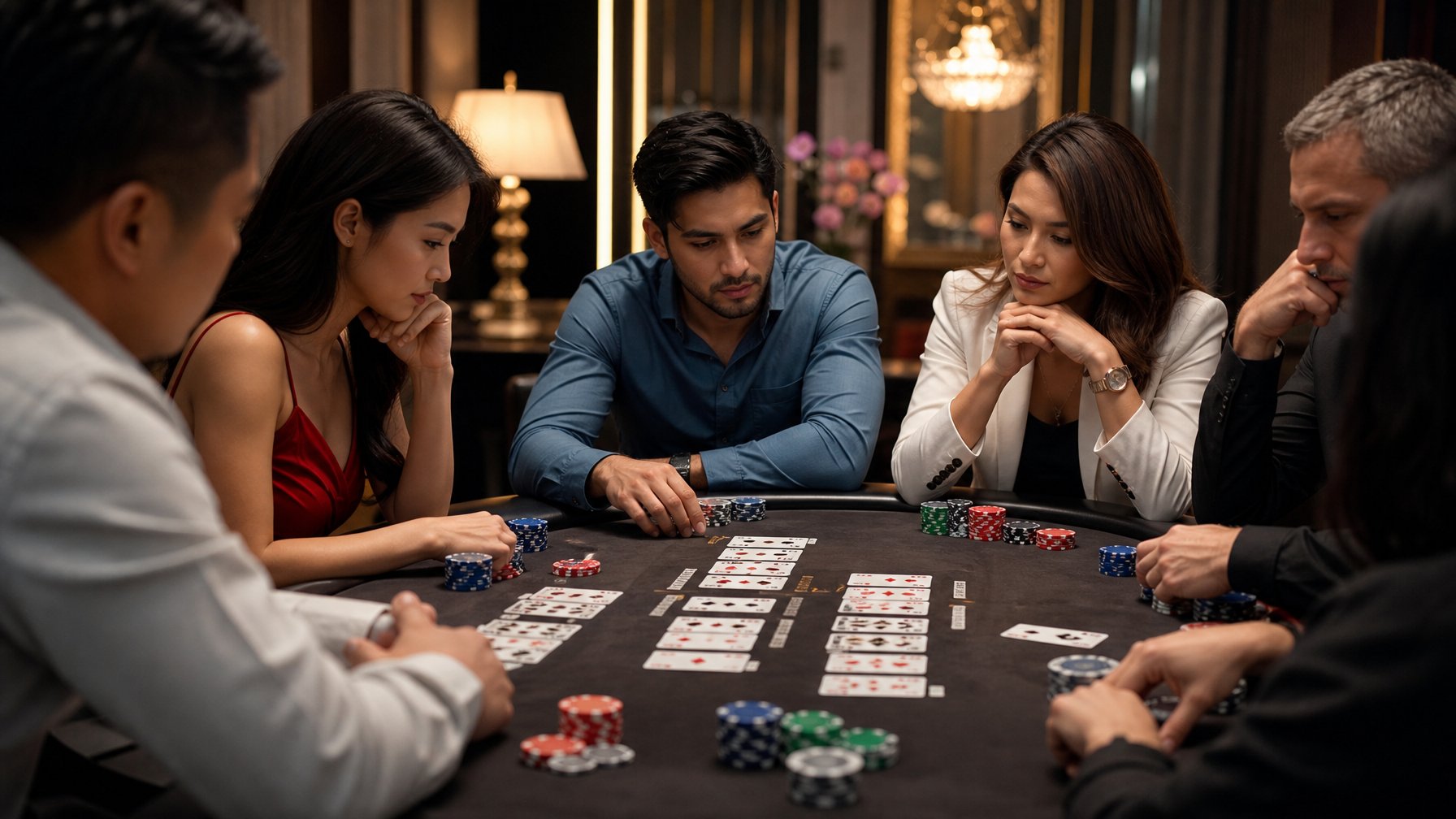 Sekelompok orang dewasa sedang bermain Bandar Chinese Poker di meja poker dengan fokus dan perhatian membaca ekspresi lawan.