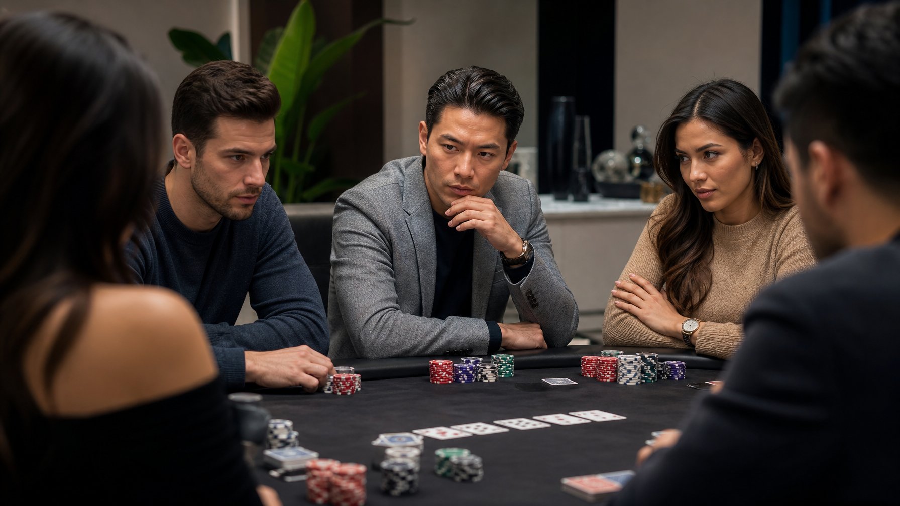 Sekelompok orang dewasa yang sedang bermain Bandar Chinese Poker dengan fokus memperhatikan lawan mereka di meja poker.