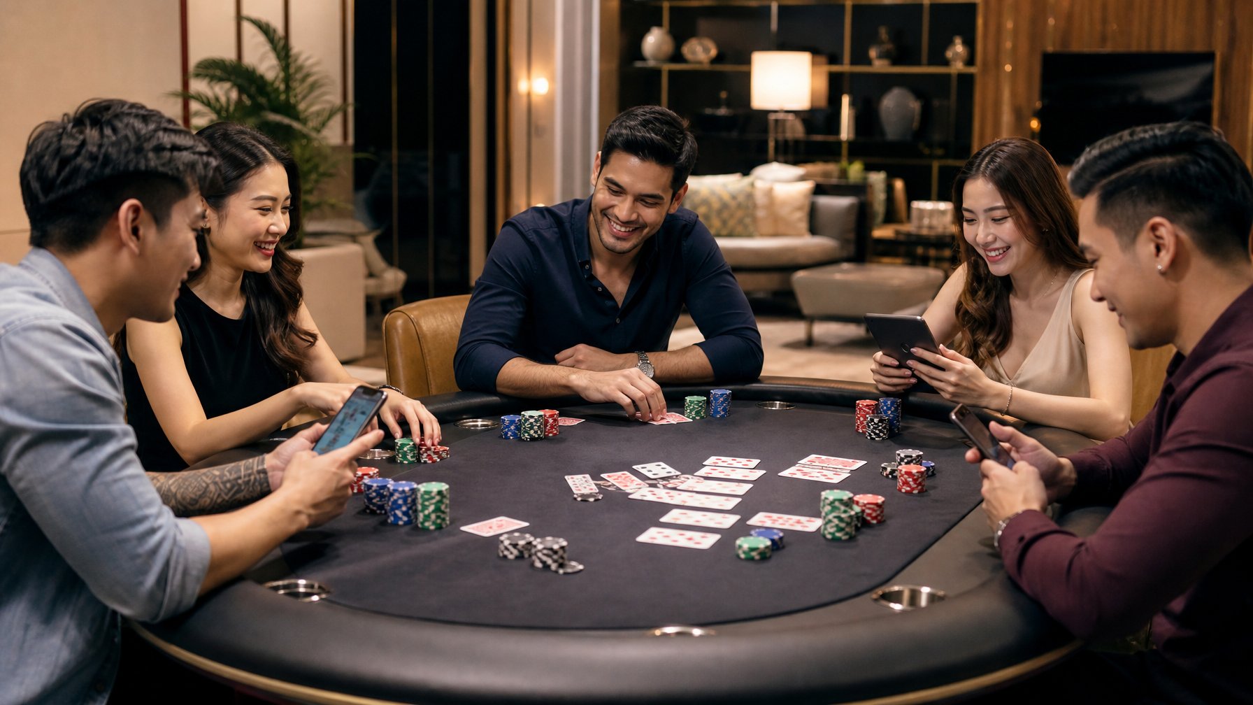 Sekelompok orang muda bermain poker Cina di meja poker di dalam ruangan yang nyaman dan terang.