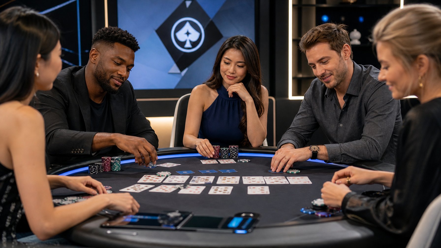 Sekelompok orang bermain Chinese Poker di meja permainan modern dengan ekspresi fokus dan antusias.