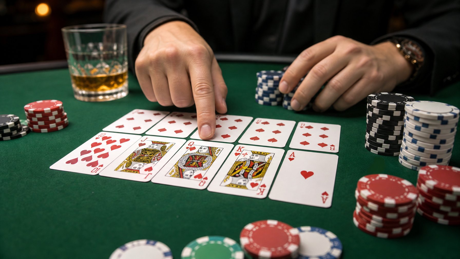 Meja poker dengan kartu Royal Flush dan tumpukan chip, tangan pemain sedang menunjuk kartu dan memegang chip.