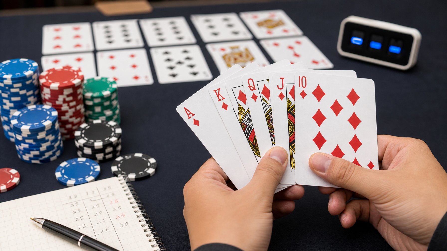Tangan pemain memegang kartu Royal Flush di atas meja poker dengan tumpukan chip dan alat hitung poin.