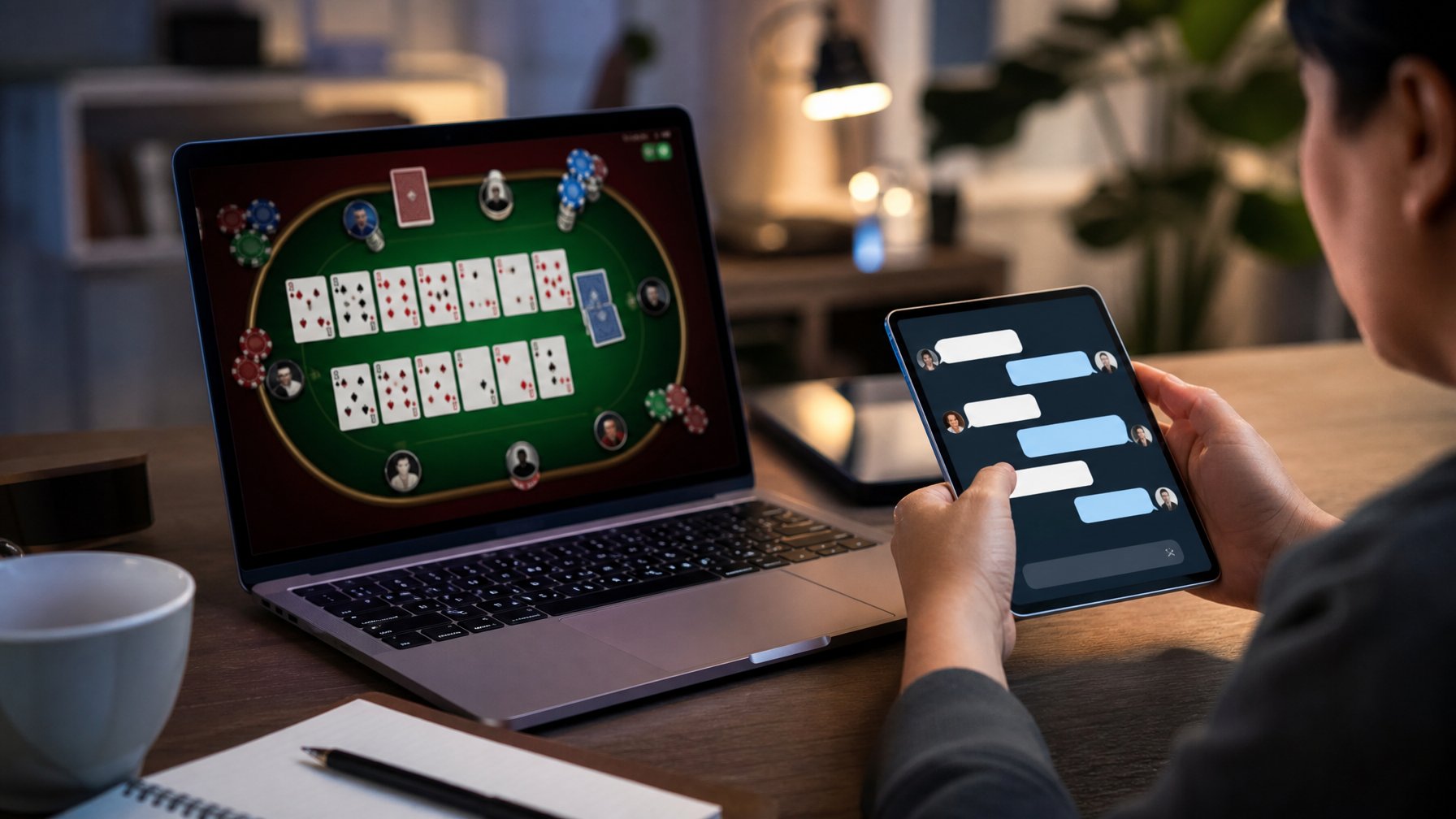 Seseorang menggunakan komputer dan ponsel untuk bermain poker China online dengan layanan chat langsung yang responsif.