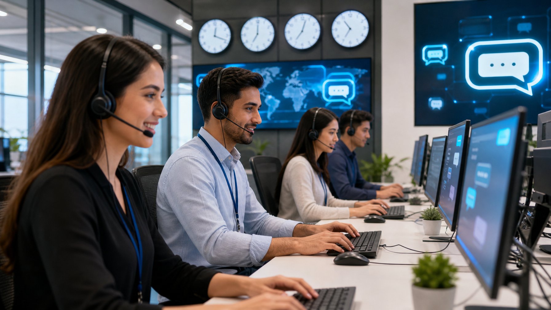 Beberapa agen layanan pelanggan menggunakan headset dan bekerja di depan komputer di kantor yang terang dengan layar yang menampilkan antarmuka chat.