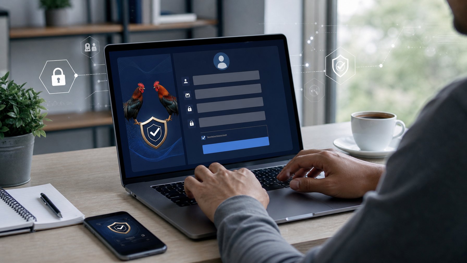Seseorang menggunakan laptop di meja kerja yang rapi untuk mendaftar akun online dengan suasana kantor rumah yang modern.