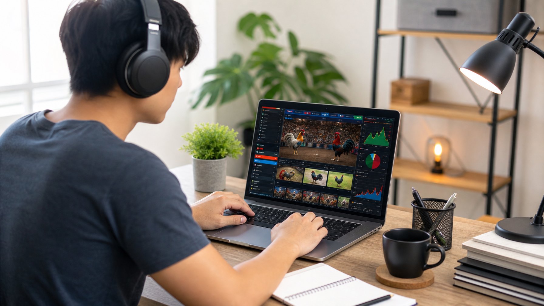 Seorang pemuda duduk di depan laptop di ruang kerja yang rapi, fokus belajar bermain sabung ayam online.