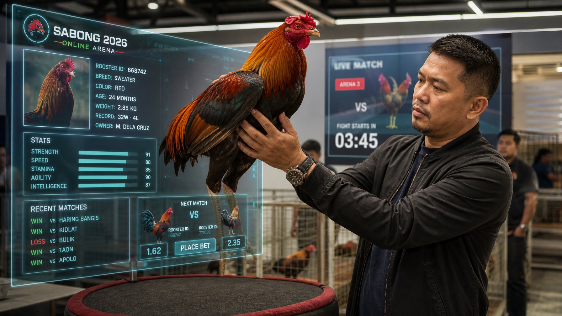 Seorang pria sedang memilih ayam aduan dengan cermat di depan layar digital yang menampilkan informasi ayam dan peluang taruhan.