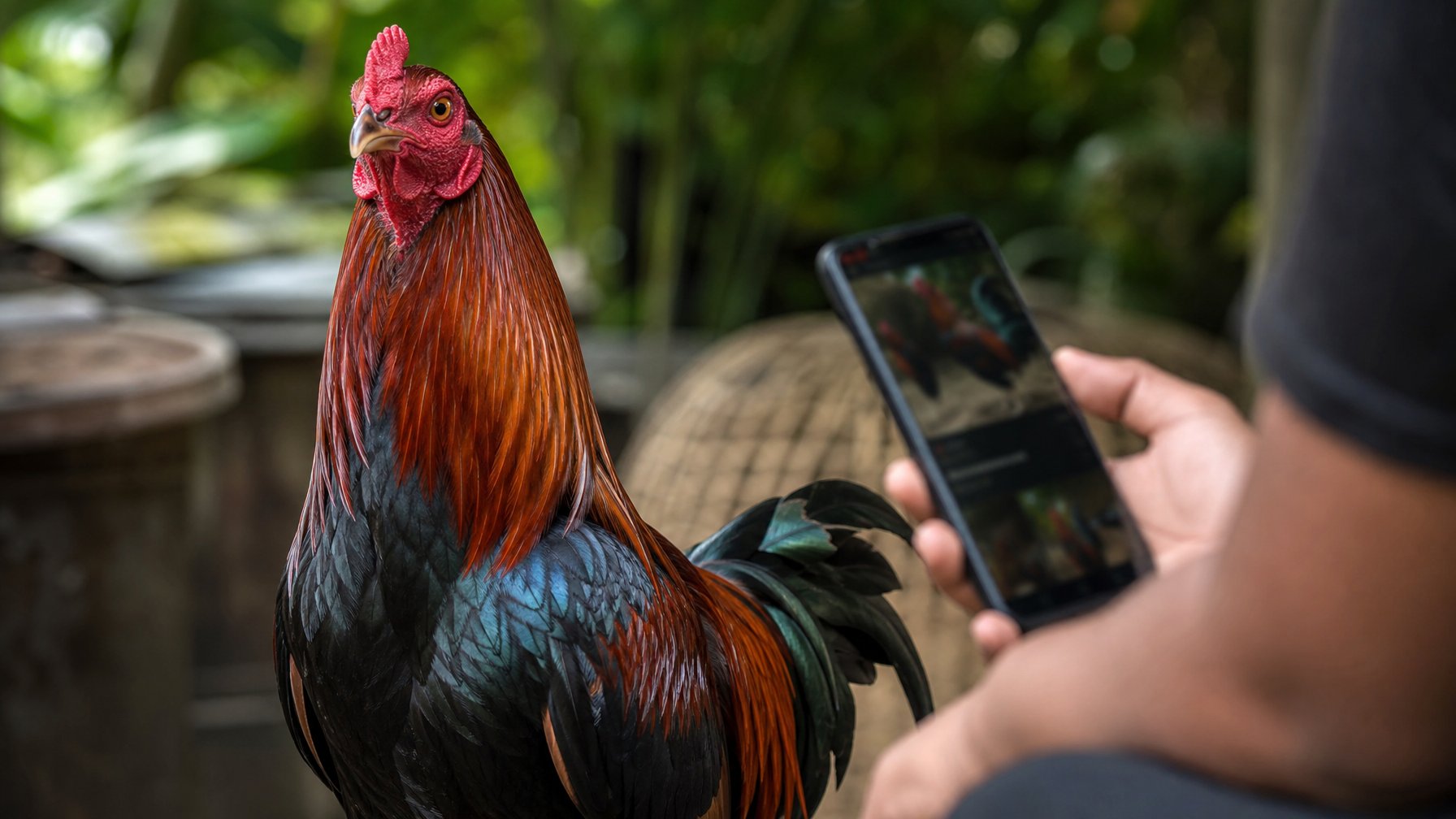 Seekor ayam aduan yang kuat dan berwarna cerah berdiri di luar ruangan dengan latar belakang dedaunan hijau dan tangan memegang ponsel yang menampilkan situs sabung ayam online.