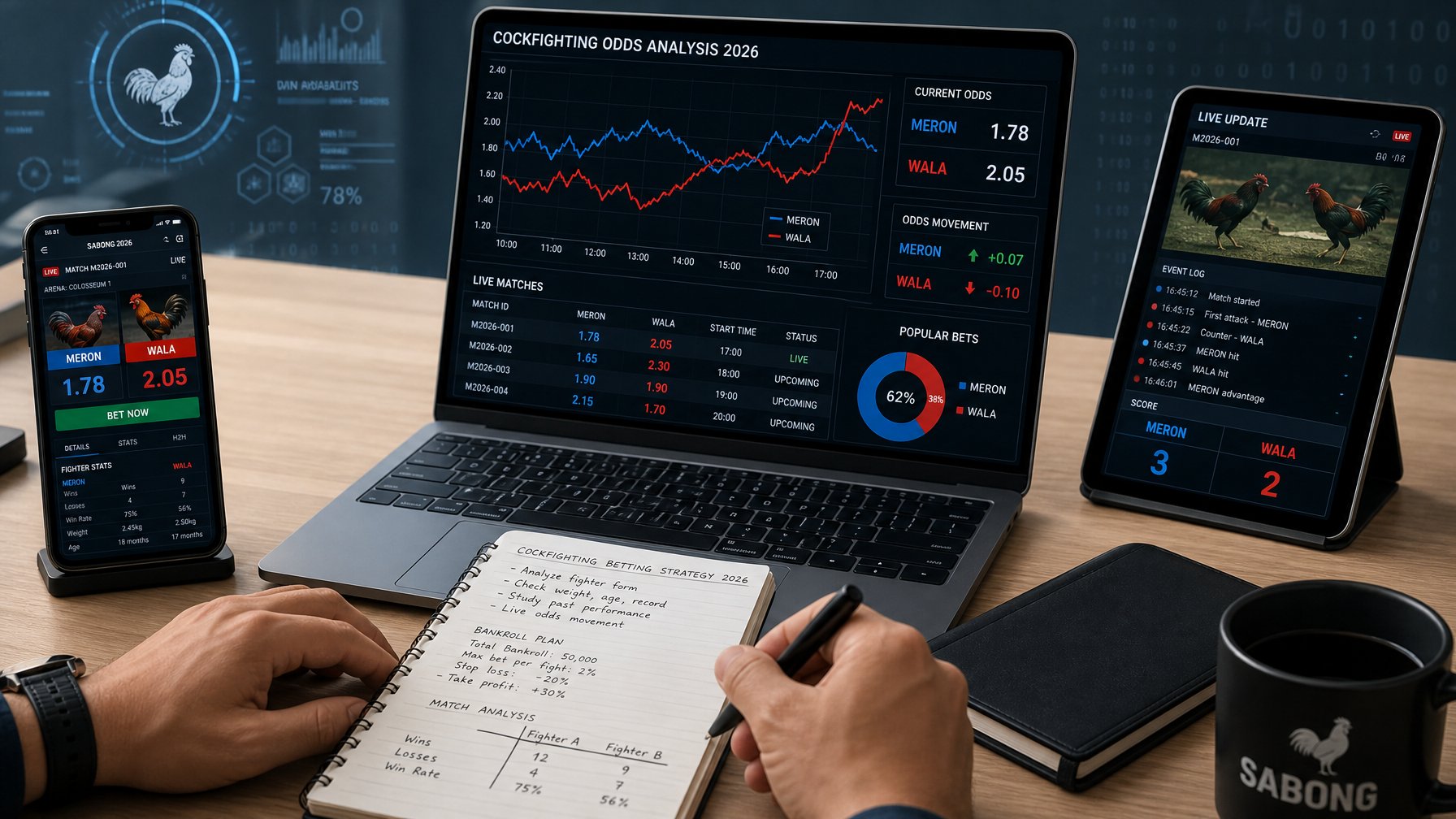 Seseorang sedang menganalisis grafik dan catatan taruhan sabung ayam online di depan laptop dan perangkat digital lainnya.