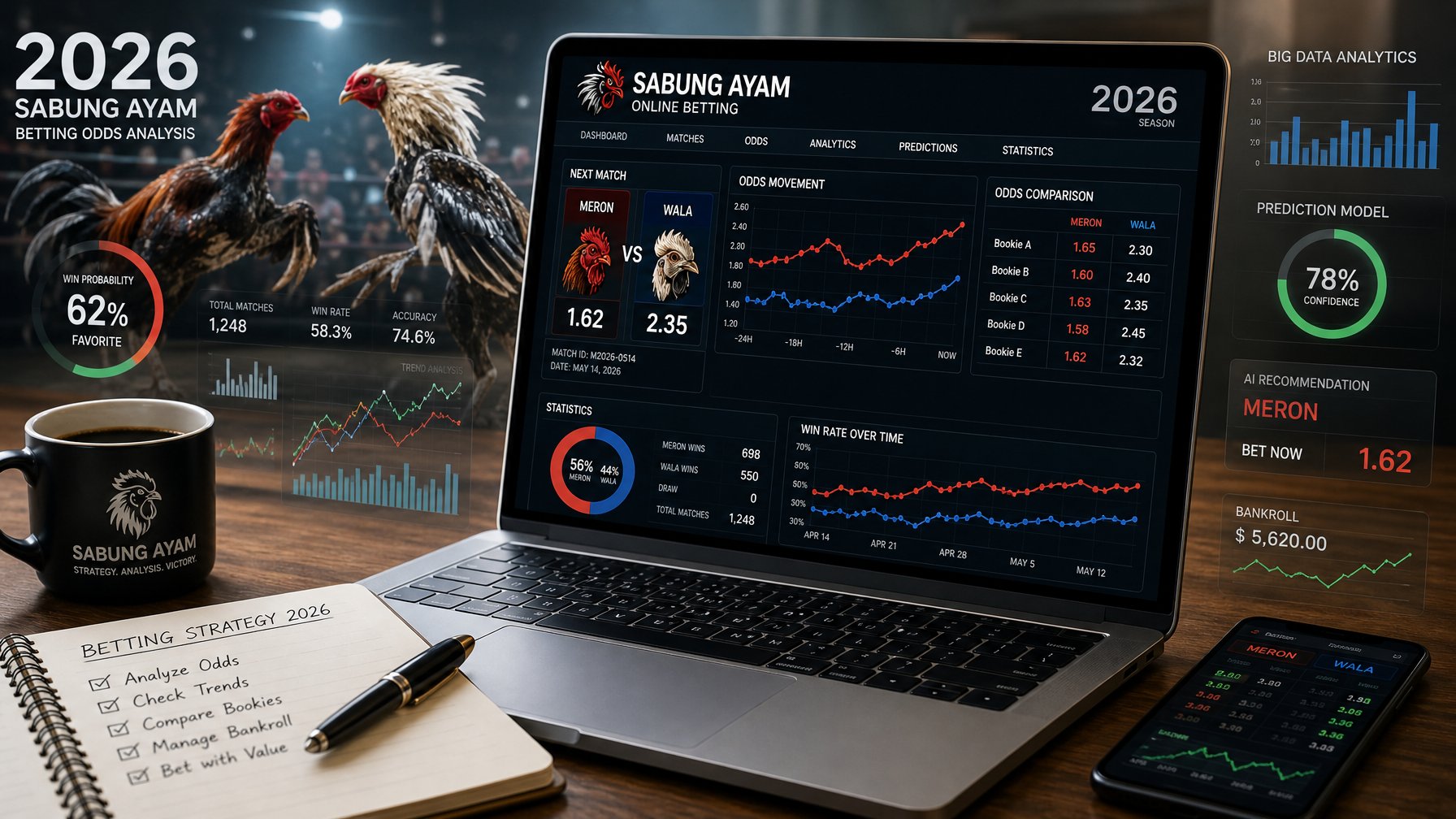 Seorang profesional sedang menganalisis grafik dan data odds sabung ayam online di depan laptop di meja kerja.