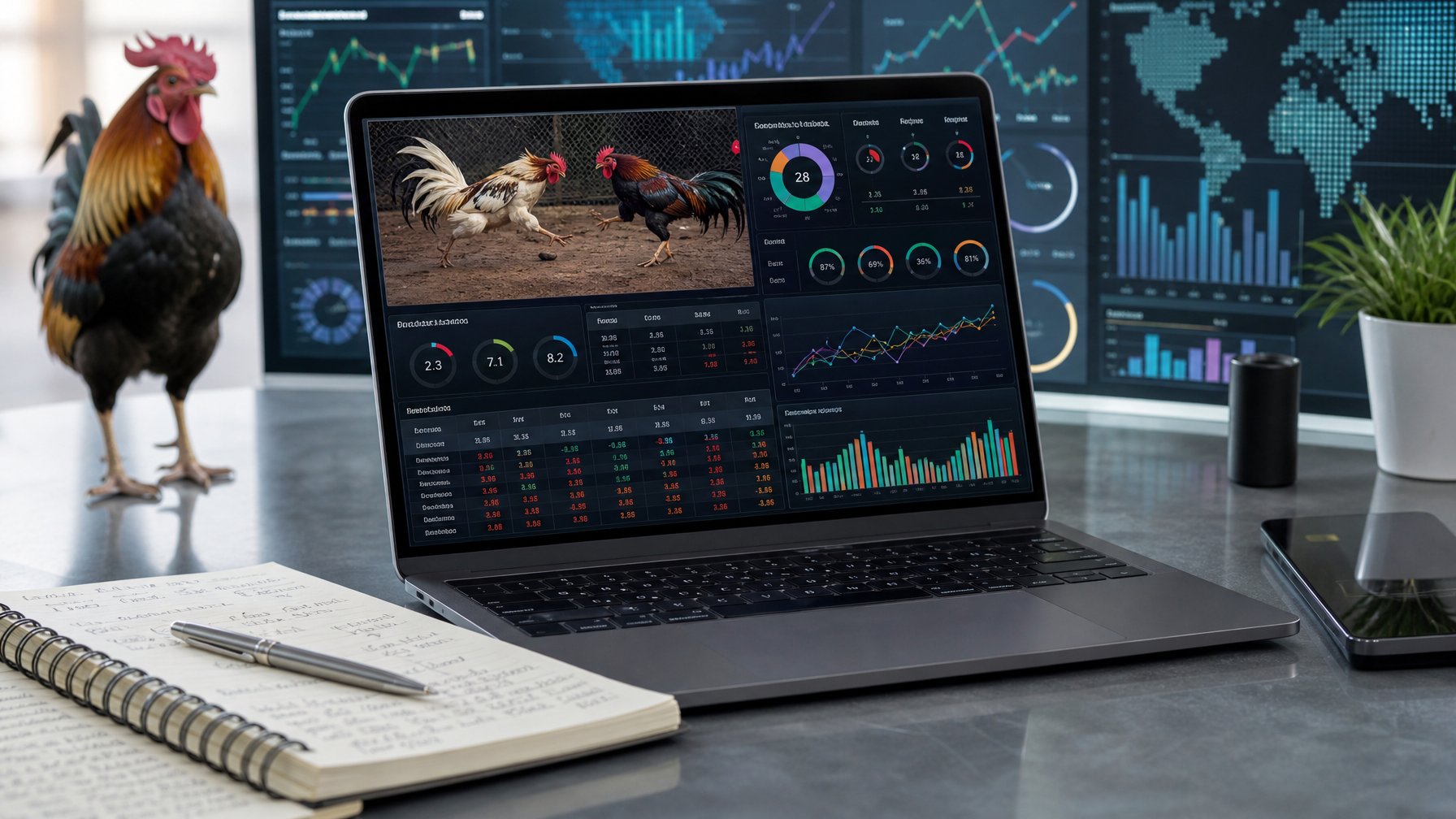 Seorang profesional sedang menganalisis statistik pertandingan sabung ayam online menggunakan laptop dengan grafik dan catatan di meja kerja.
