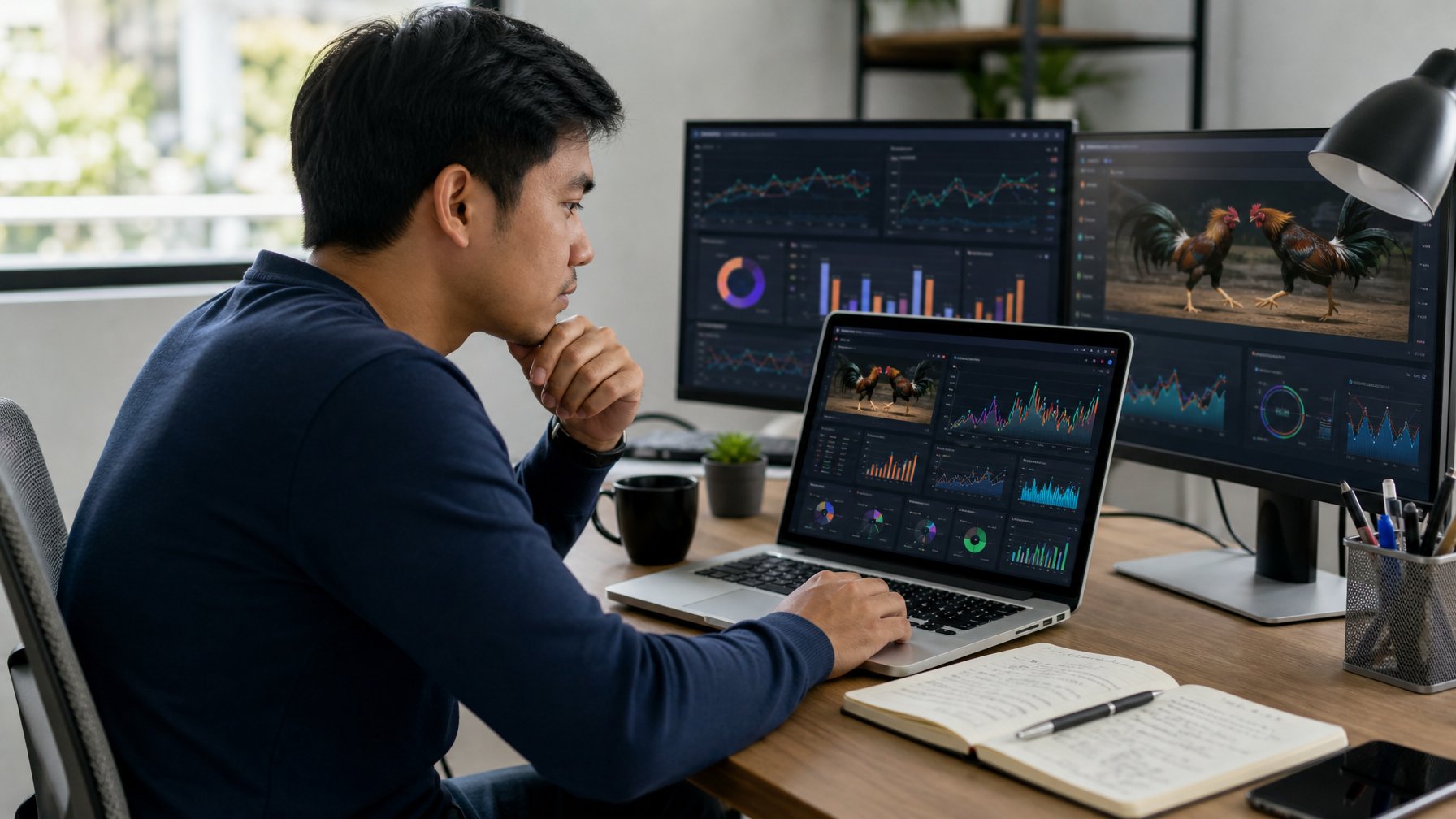 Seseorang sedang menganalisis statistik pertandingan sabung ayam online di depan laptop di ruang kerja modern.