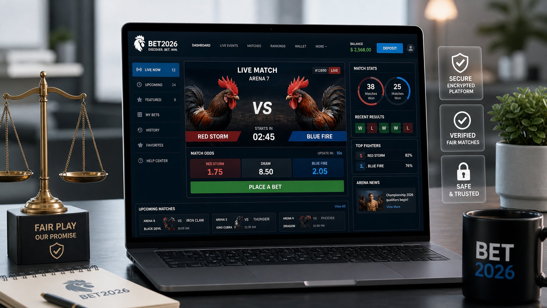 Seorang pengguna sedang melihat layar komputer yang menampilkan platform taruhan sabung ayam online dengan antarmuka yang jelas dan elemen simbol keadilan dan keamanan.