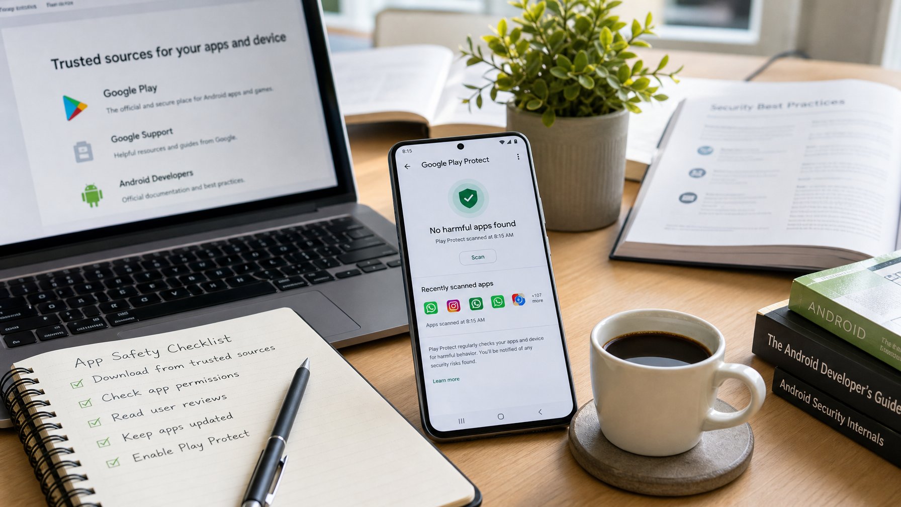 Meja kerja dengan ponsel Android, laptop, buku catatan, dan secangkir kopi dalam suasana yang rapi dan terorganisir.