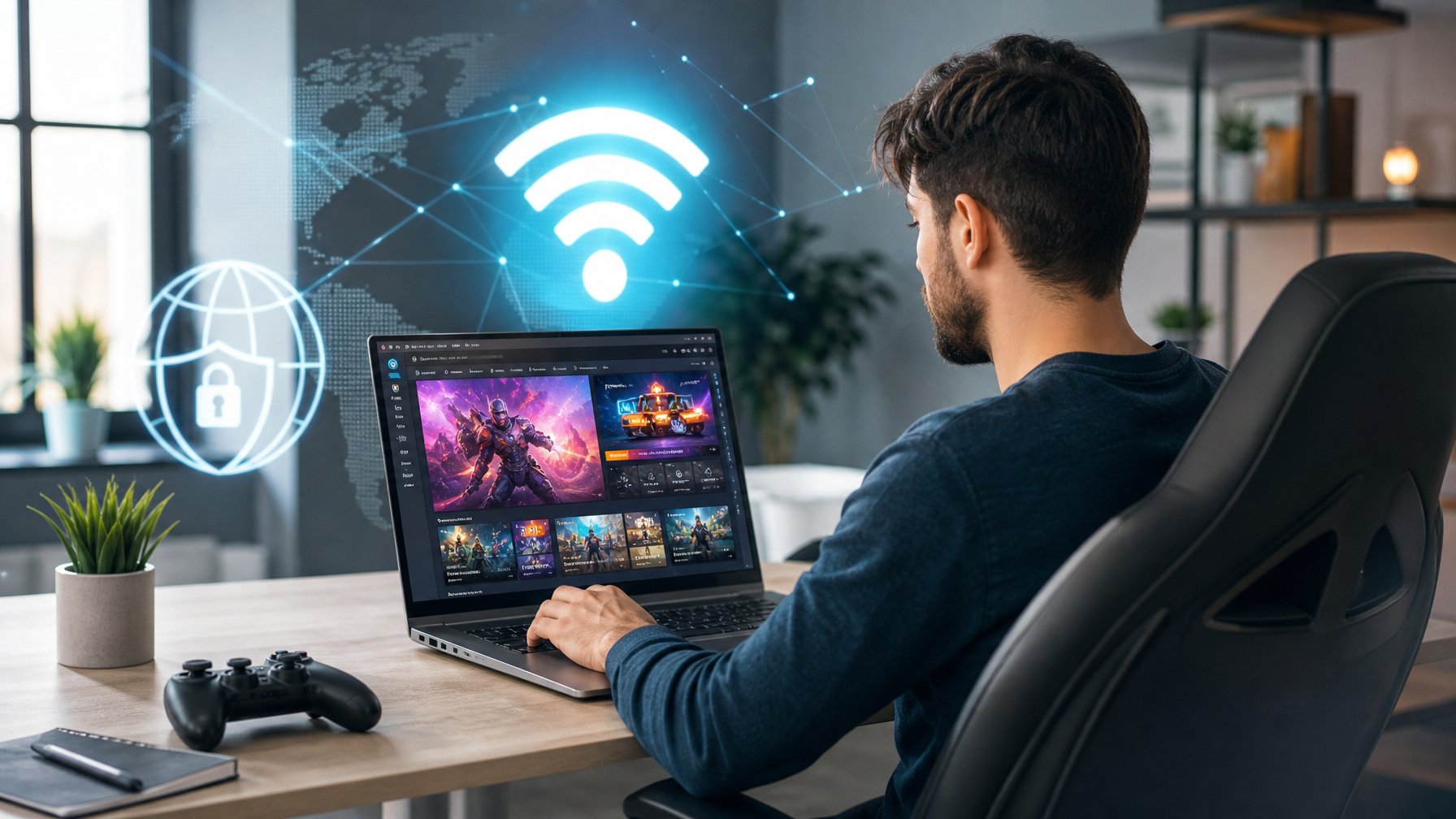 Seseorang menggunakan laptop di meja kerja modern dengan latar belakang simbol koneksi internet dan elemen digital.