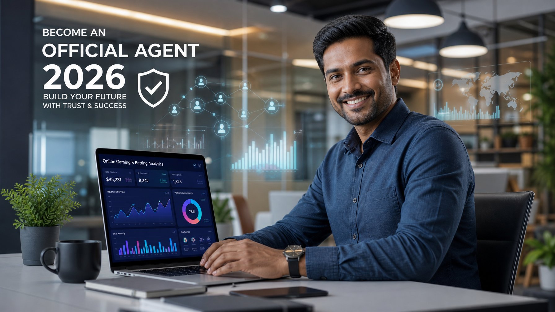 Seorang profesional bisnis tersenyum di kantor modern sambil menggunakan laptop dengan grafik dan data di layar.
